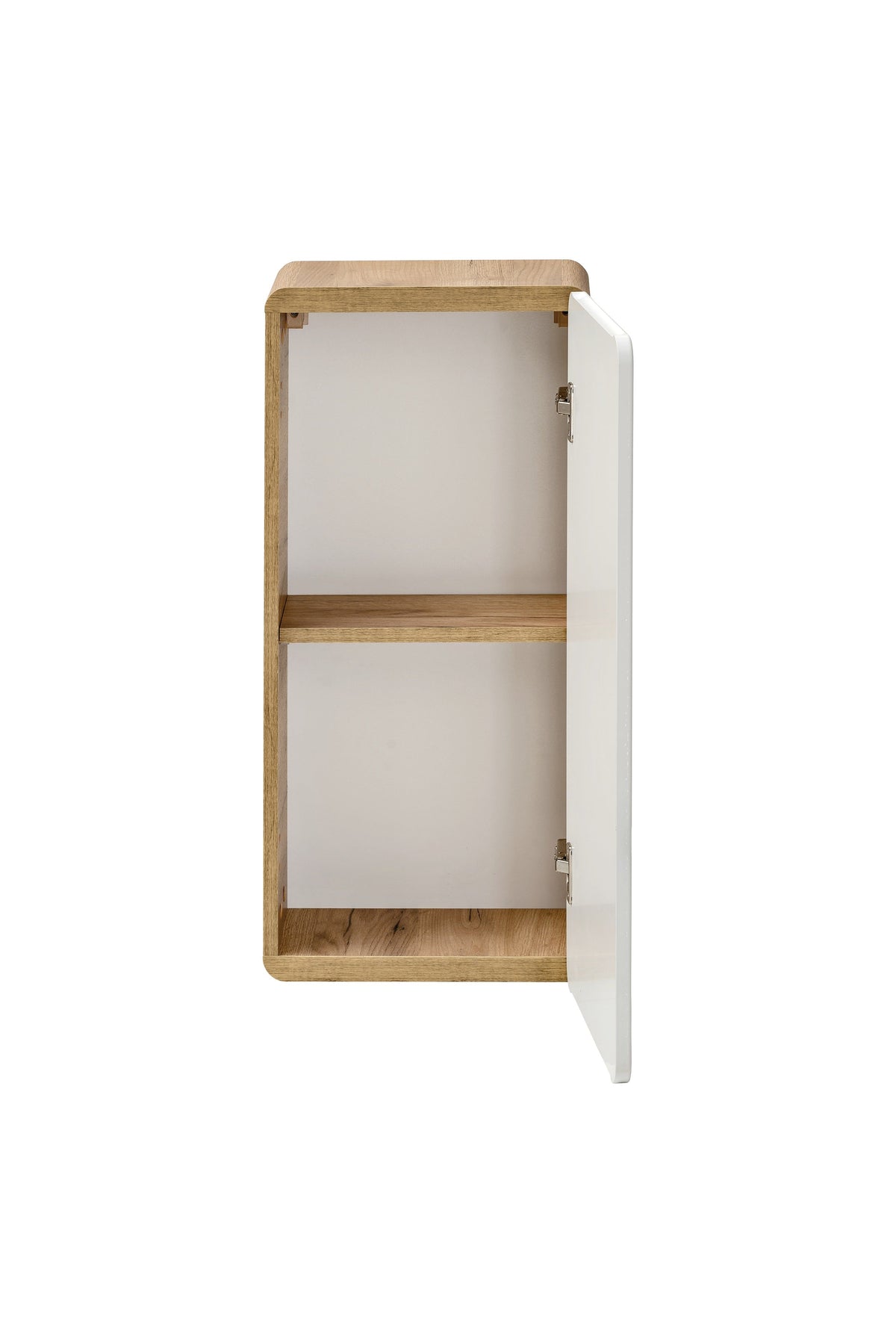 Aruba White 830 FSC side cabinet closed view – craft oak body with white gloss door