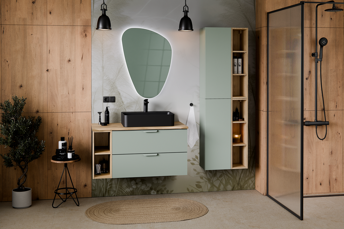 Aster Green Wandschrank 1 Tür + Cremona UN Offenes Regal – Aloes Matt / Eiche, 50 cm Set