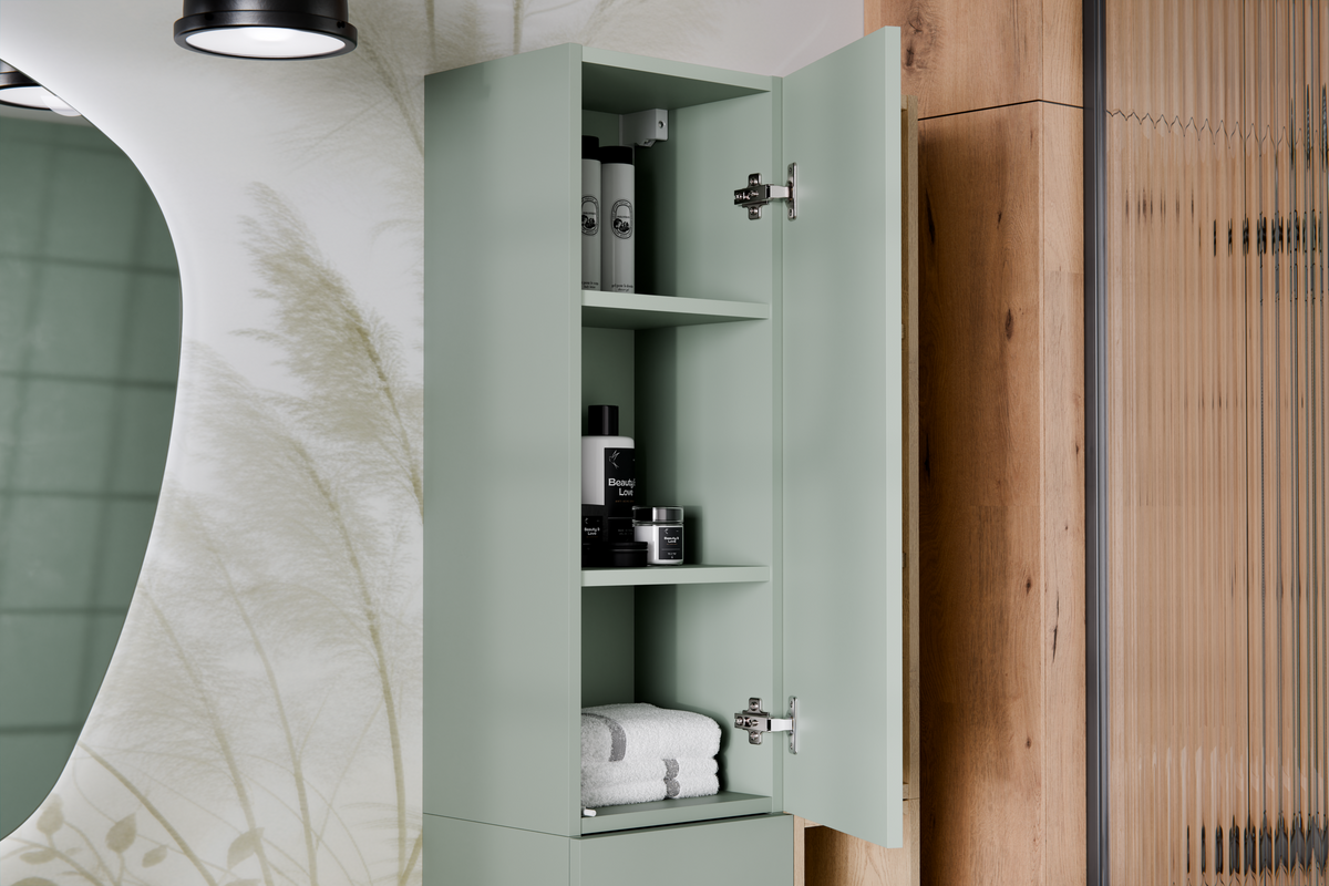Aster Green Wall-Hung Cabinet 1 Door + Cremona UN Open Shelf – Aloes Matt / Oak, 30 cm Set