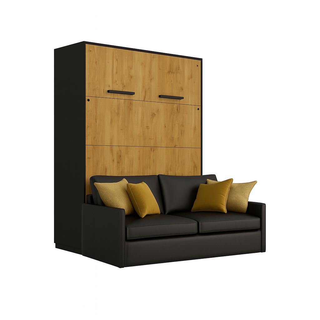 Genius Schrankbett 140x200 cm mit ECO-LEDER Sofa – Schwarz & Eiche Lancelot