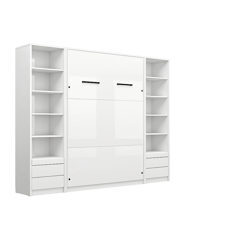 Anpassbares Genius Wandbett-Möbelset 160 x 200 cm, Weiß Hochglanz, LED-Beleuchtung