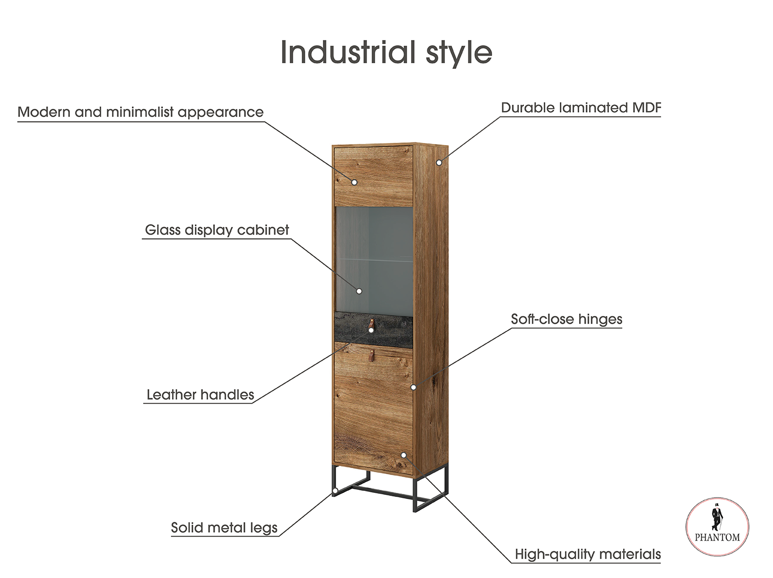 Dark Cabinet 53 - Storage Cabinet with Glass Showcase and Two Doors