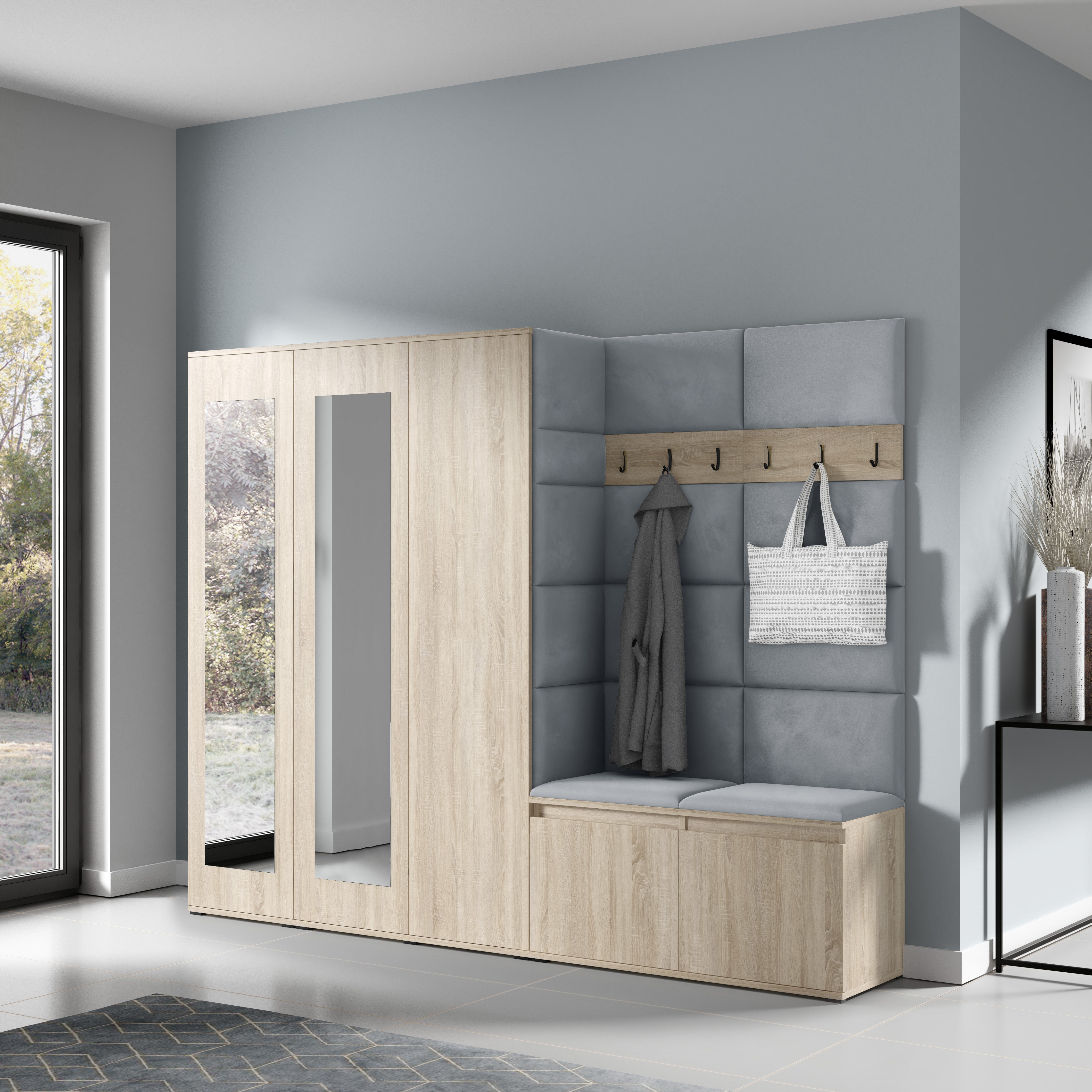 PK Emi 15 Hallway Wardrobe Sonoma Oak - Upholstered Panels in Various Colours
