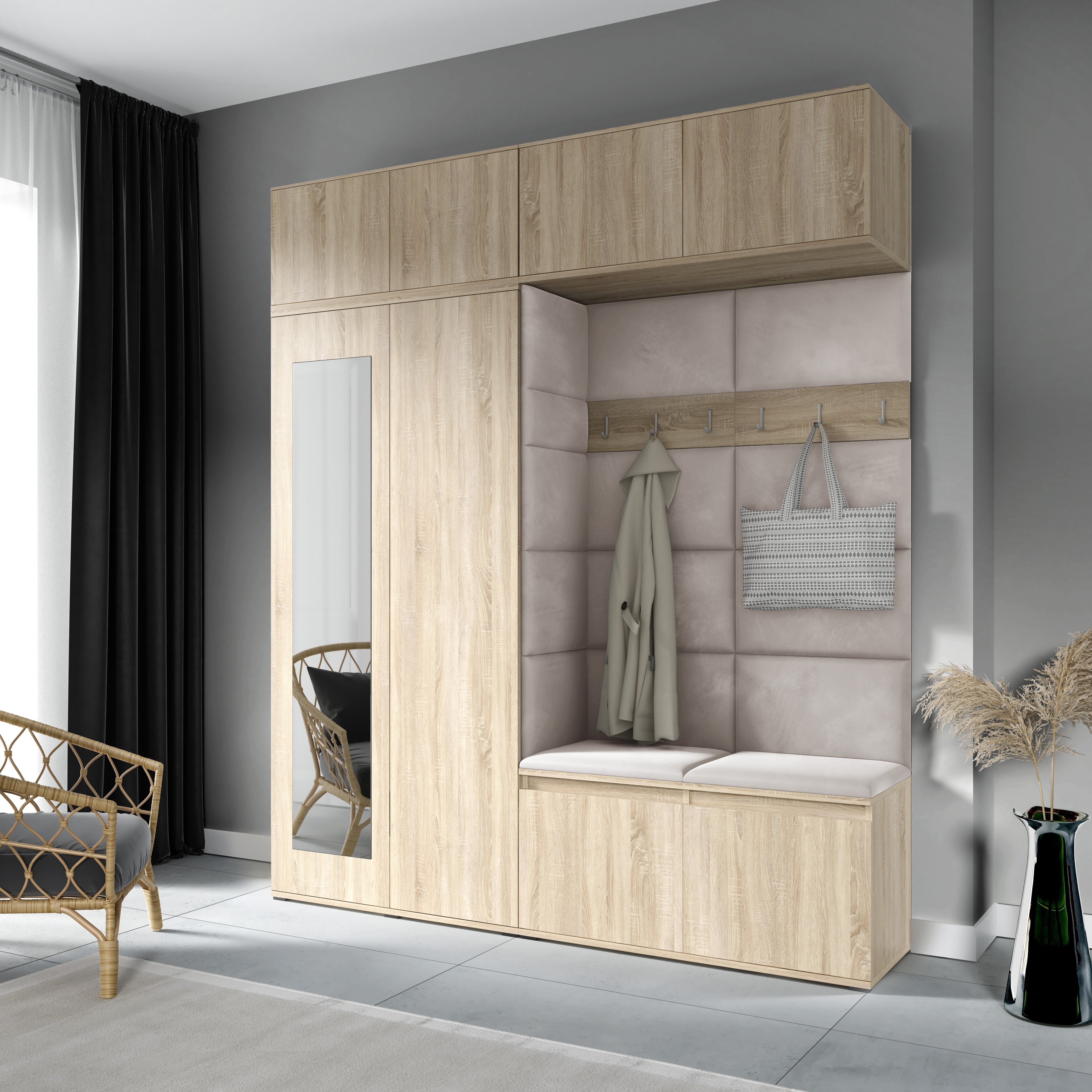 PK Emi 16 Hallway Wardrobe Sonoma Oak - Upholstered Panels in Various Colours