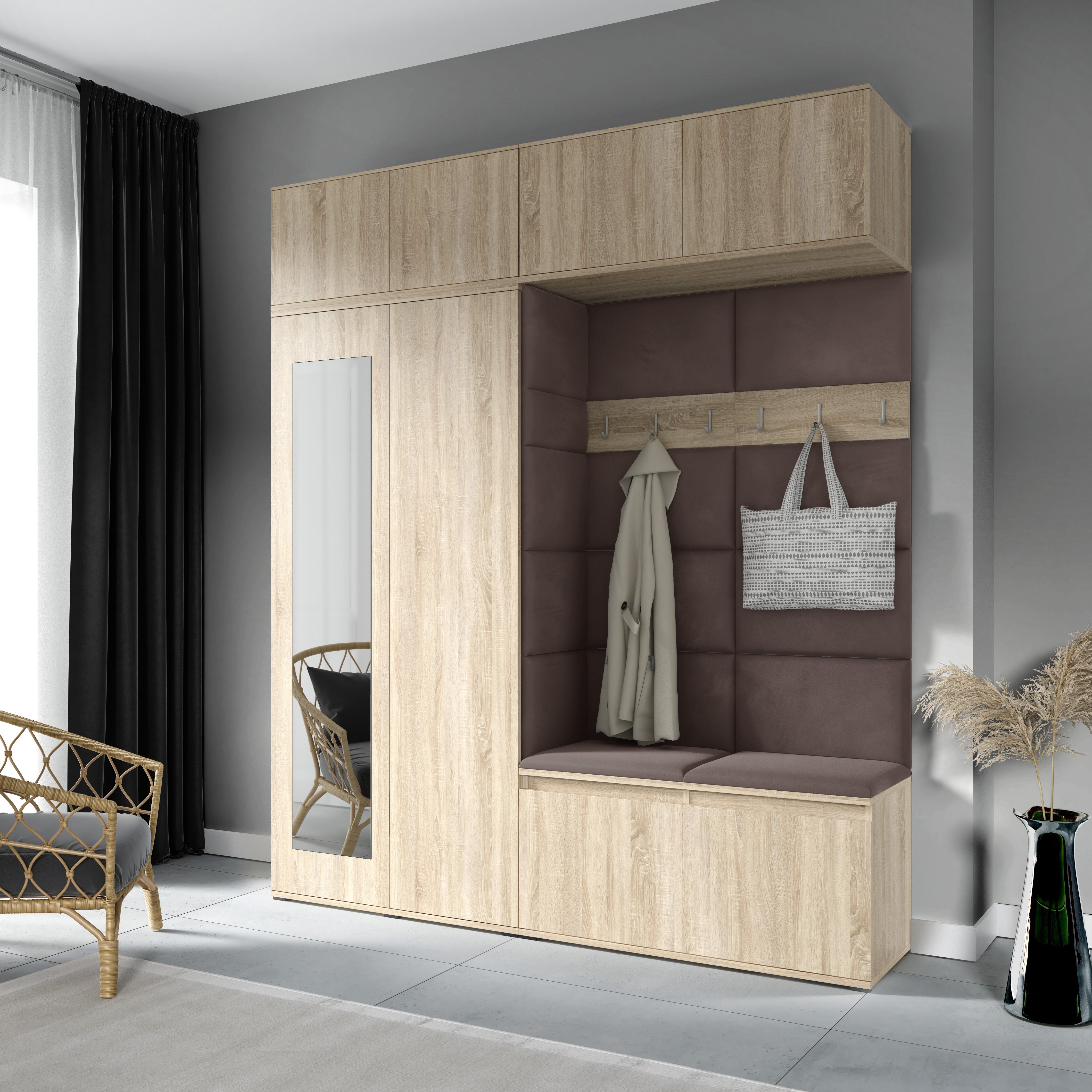 PK Emi 16 Hallway Wardrobe Sonoma Oak - Upholstered Panels in Various Colours