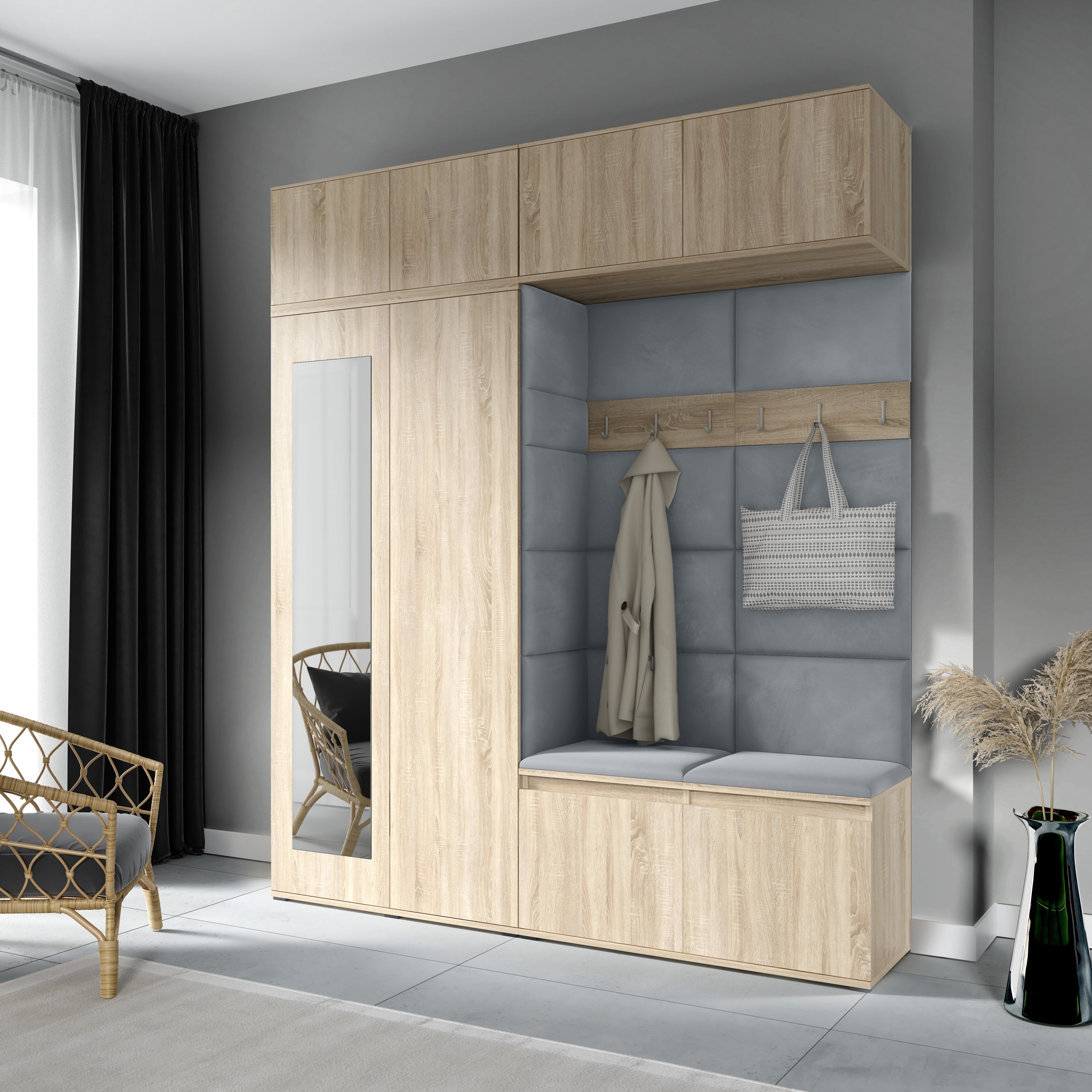 PK Emi 16 Hallway Wardrobe Sonoma Oak - Upholstered Panels in Various Colours
