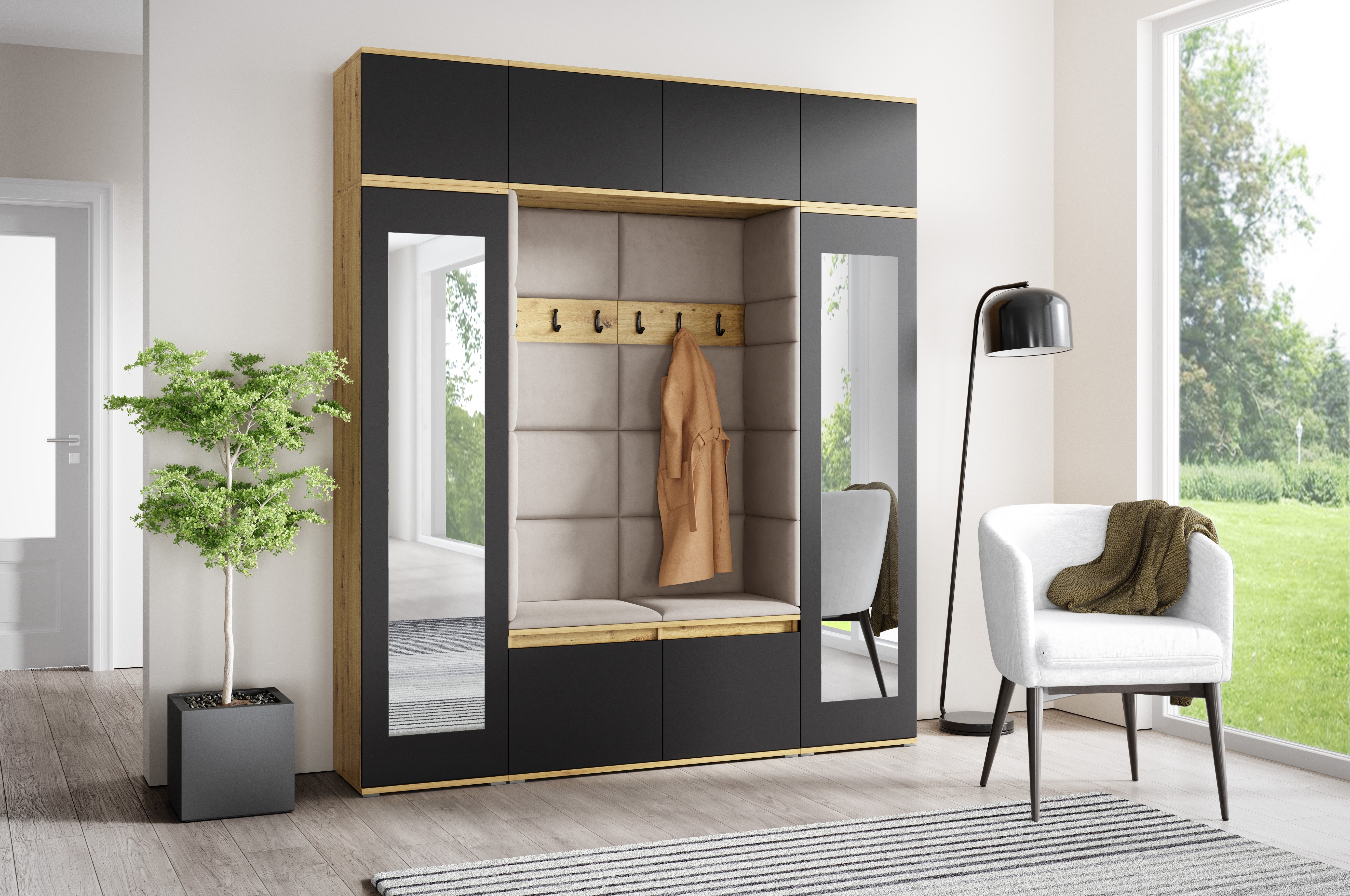PK Emi 32 Hallway Wardrobe Aristan Oak\ Black- Upholstered Panels in Various Colours