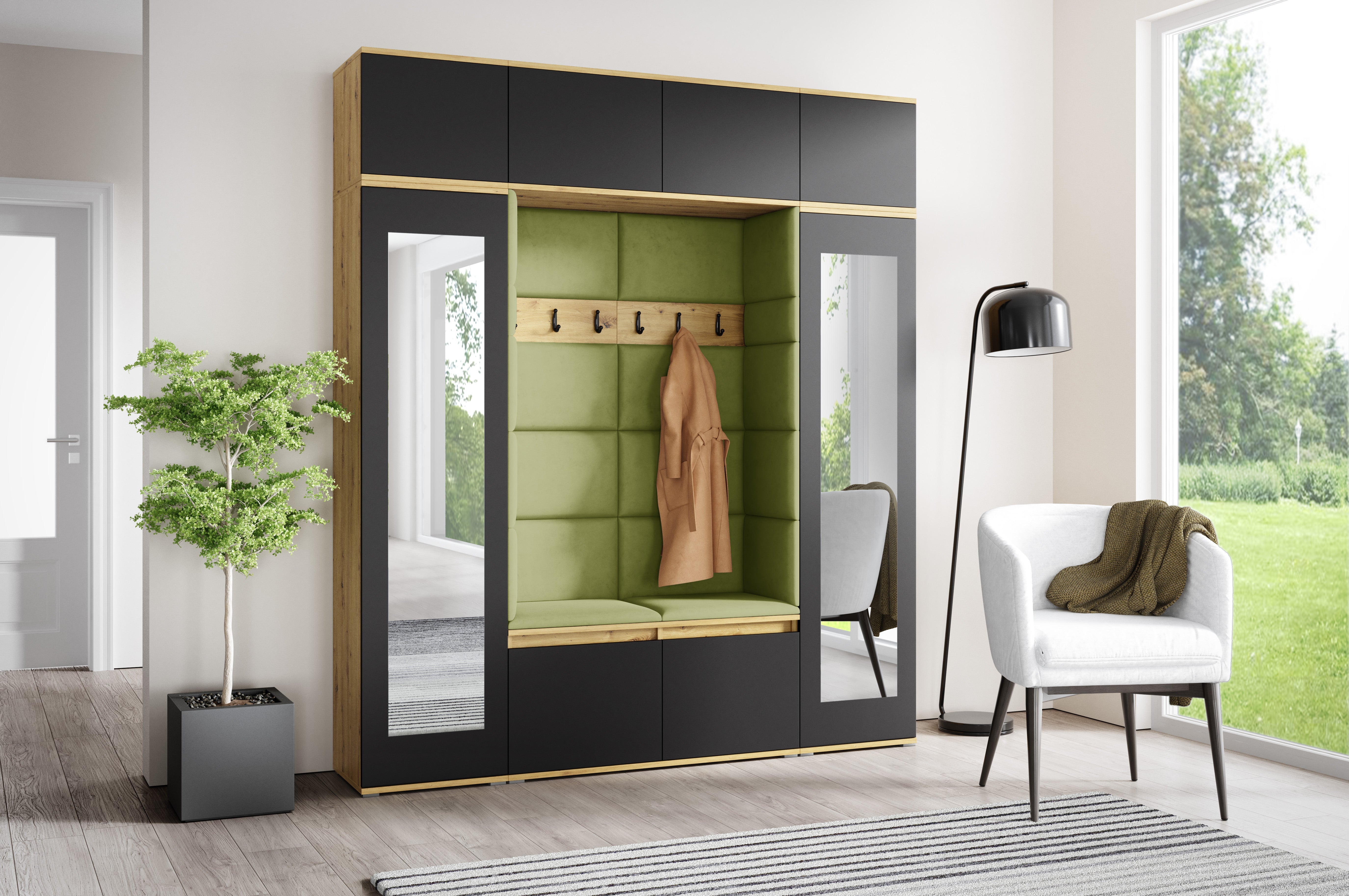 PK Emi 32 Hallway Wardrobe Aristan Oak\ Black- Upholstered Panels in Various Colours
