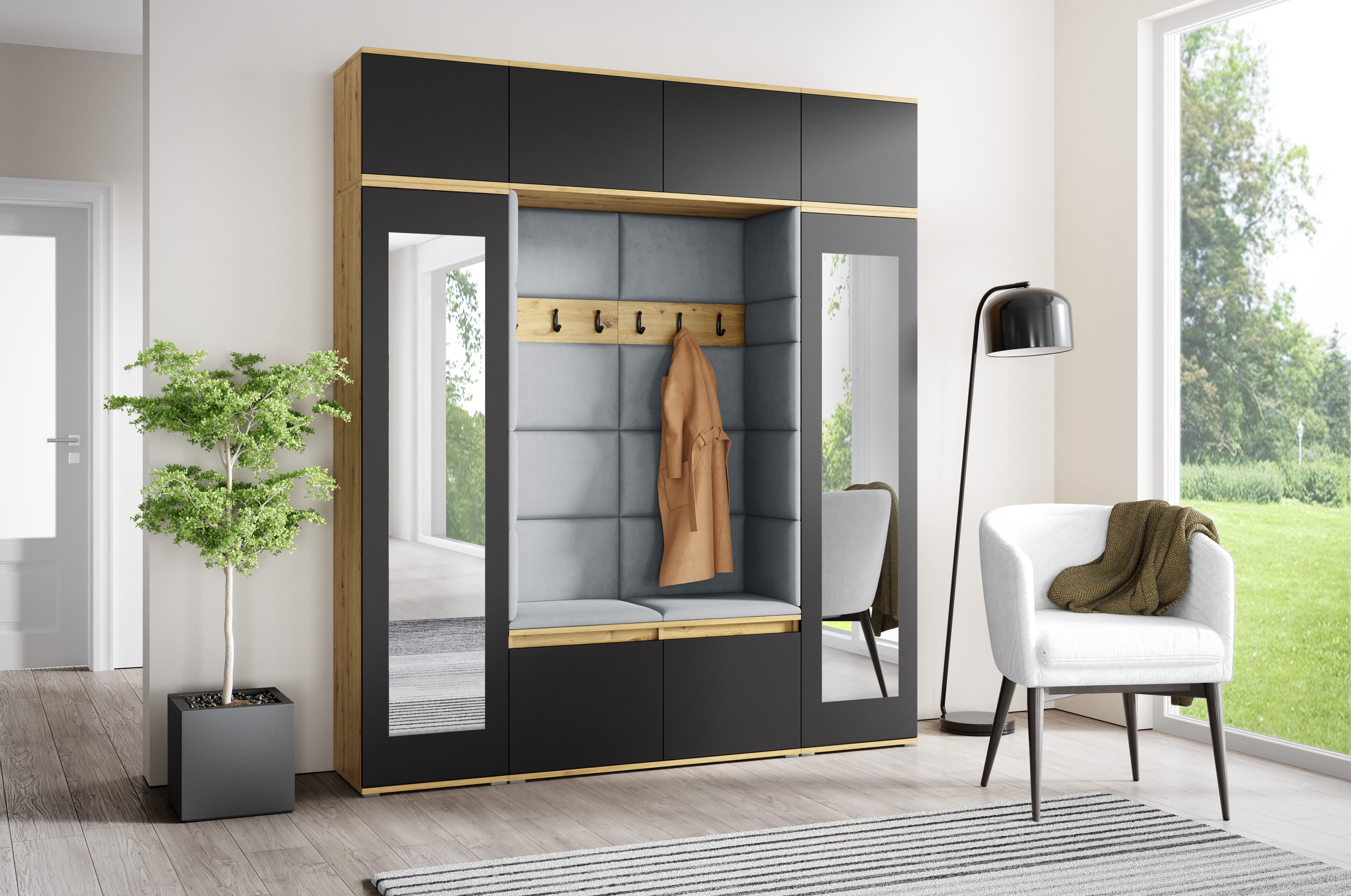 PK Emi 32 Hallway Wardrobe Aristan Oak\ Black- Upholstered Panels in Various Colours