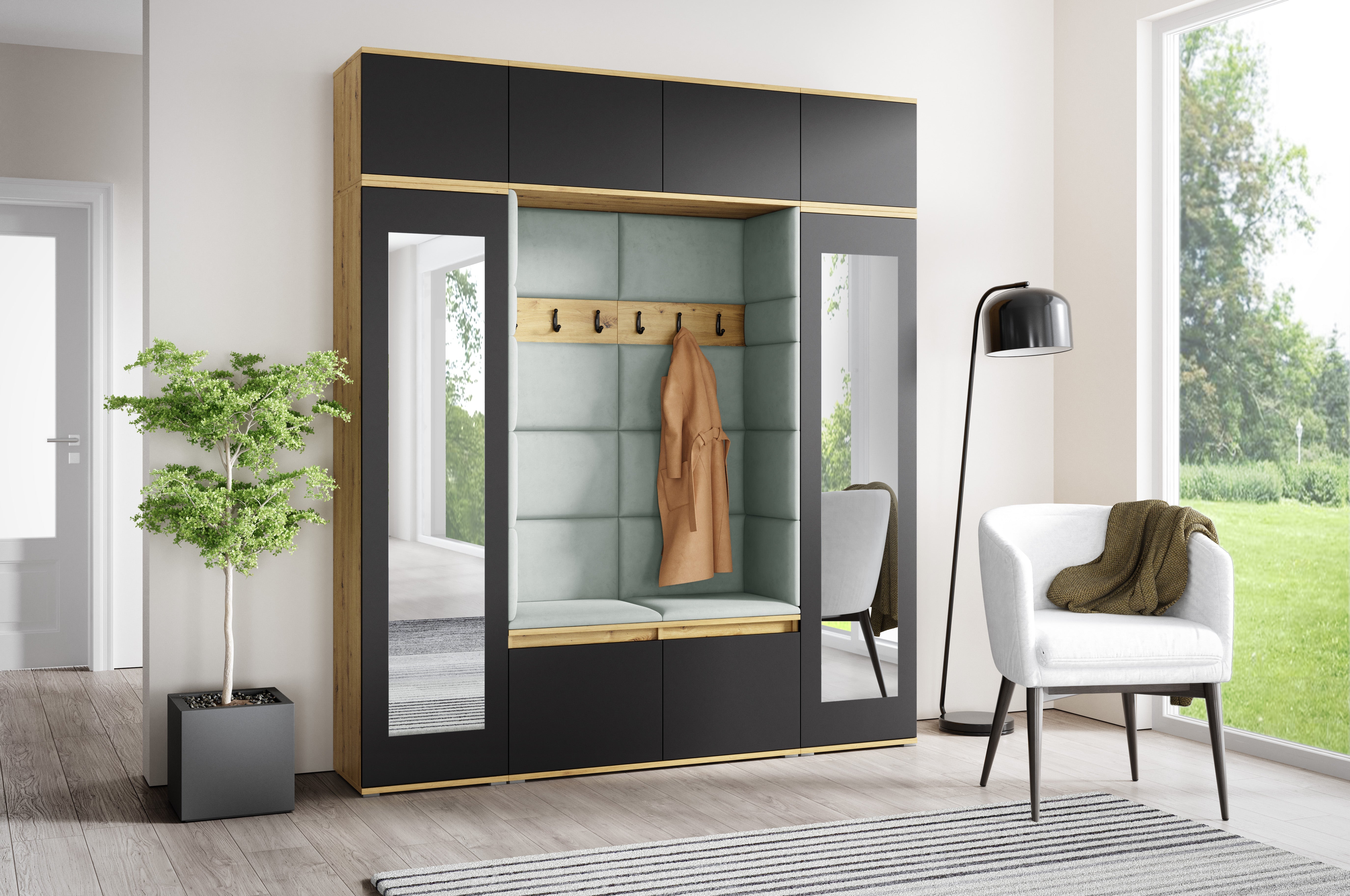 PK Emi 32 Hallway Wardrobe Aristan Oak\ Black- Upholstered Panels in Various Colours