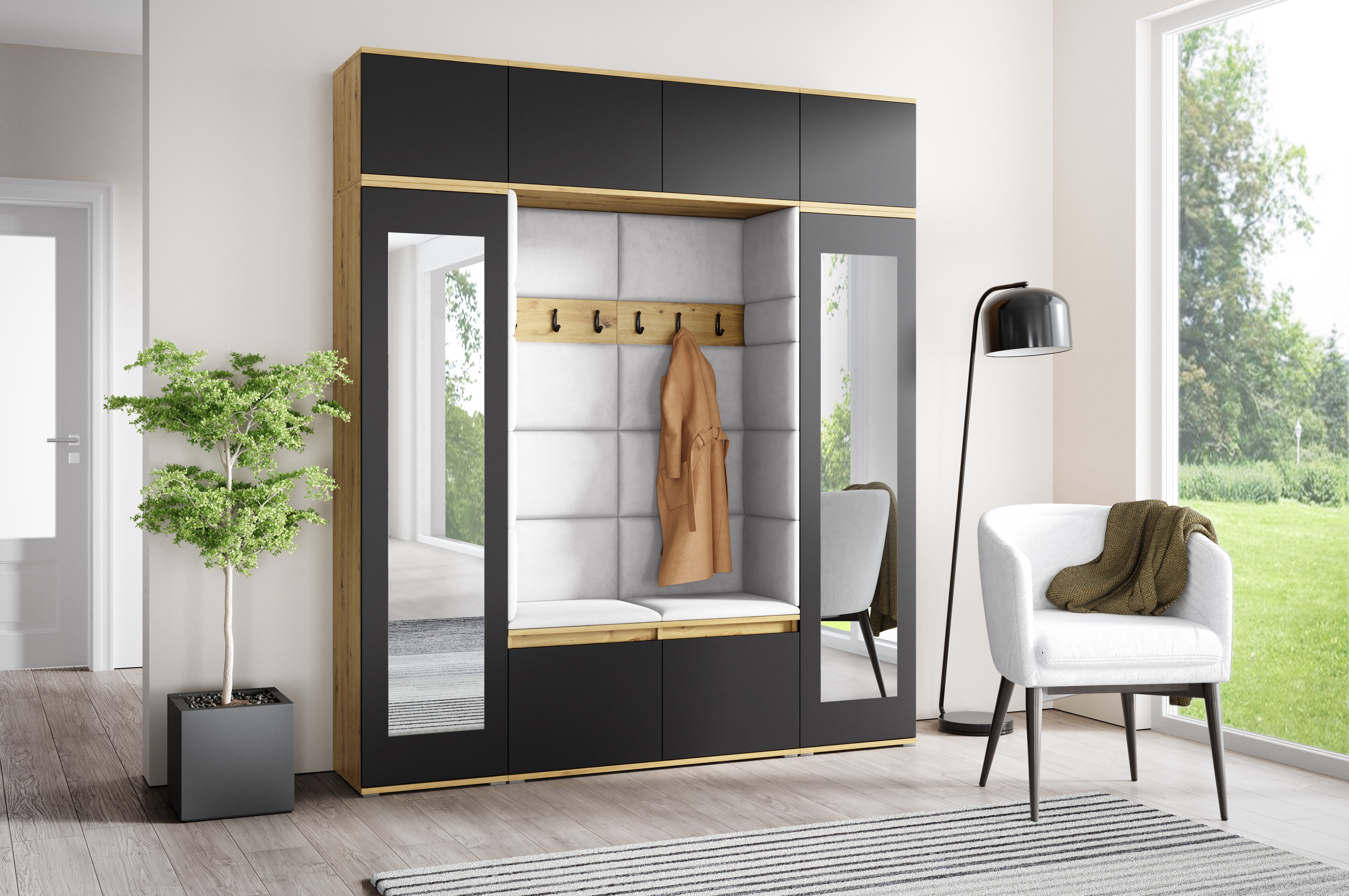 PK Emi 32 Hallway Wardrobe Aristan Oak\ Black- Upholstered Panels in Various Colours