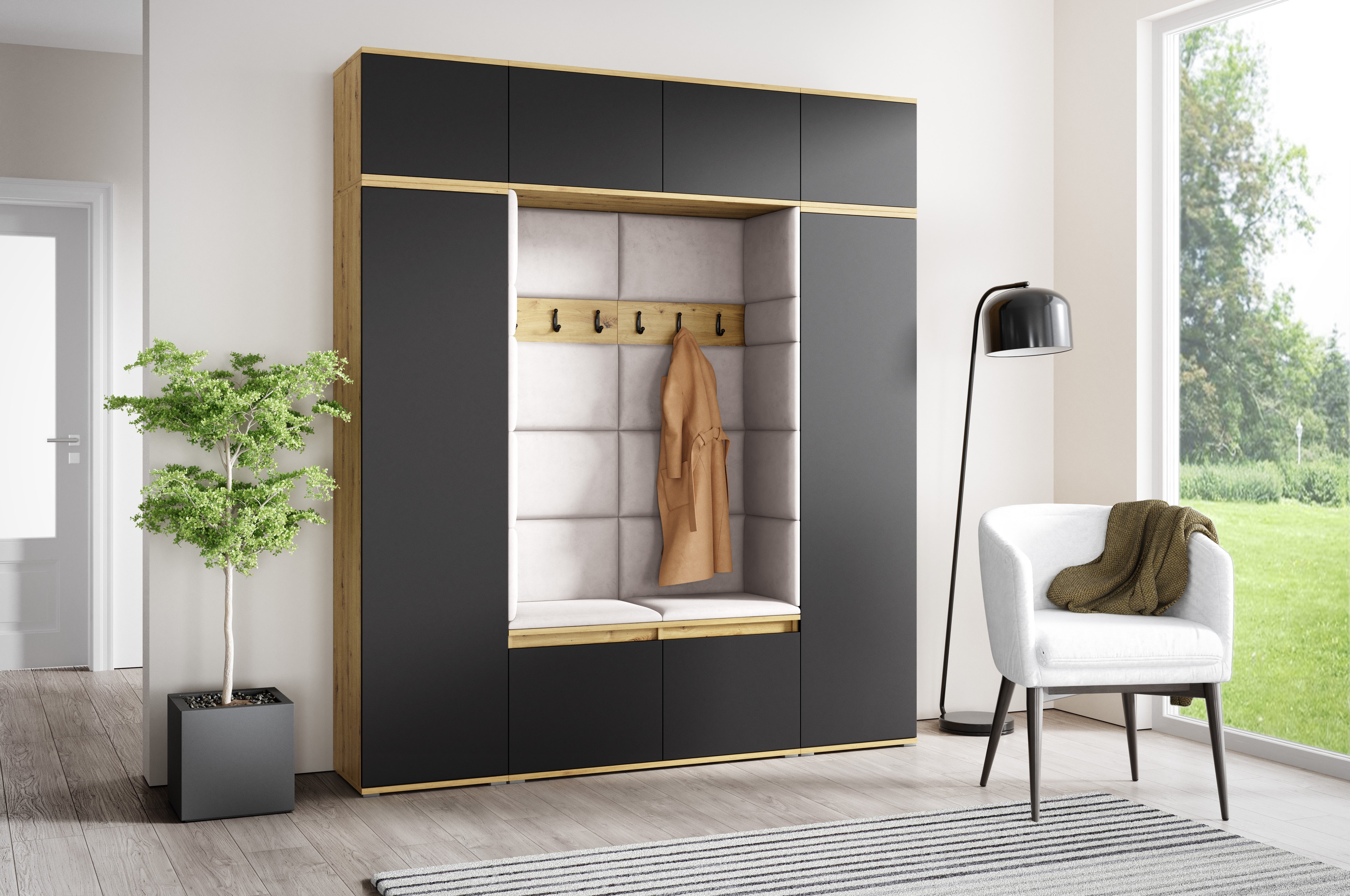 PK Emi 32 Hallway Wardrobe Aristan Oak\ Black- Upholstered Panels in Various Colours