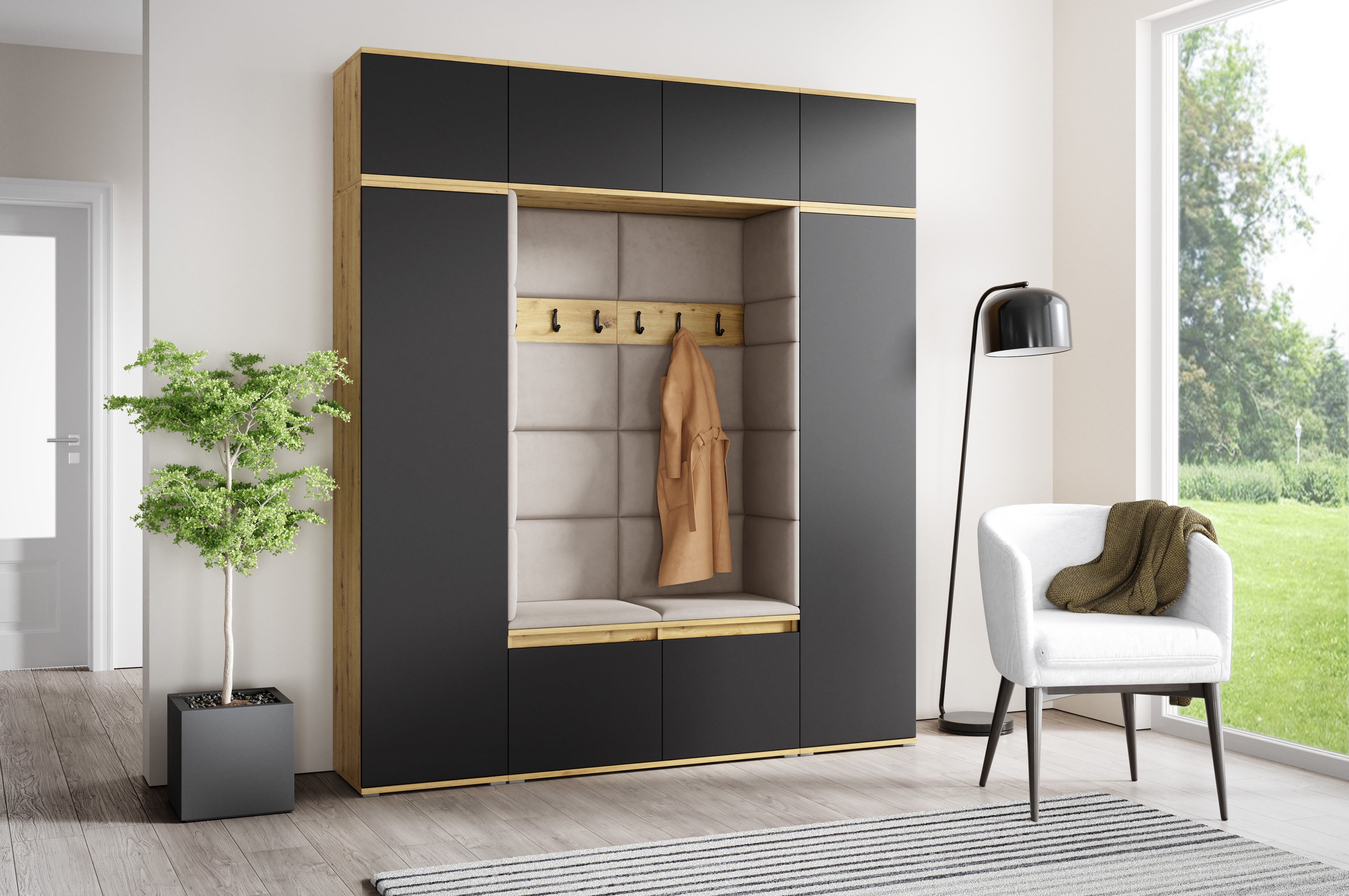 PK Emi 32 Hallway Wardrobe Aristan Oak\ Black- Upholstered Panels in Various Colours