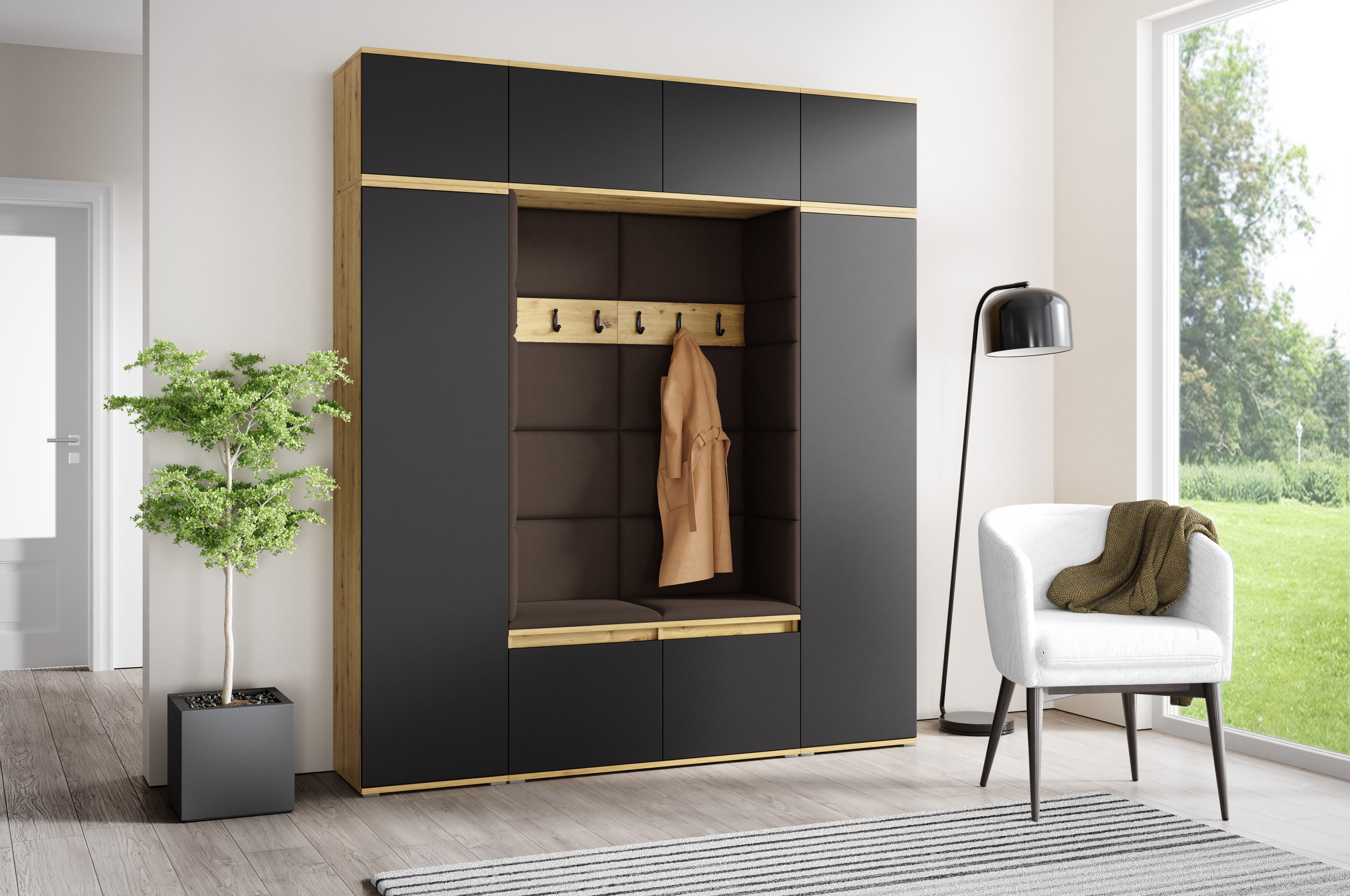 PK Emi 32 Hallway Wardrobe Aristan Oak\ Black- Upholstered Panels in Various Colours