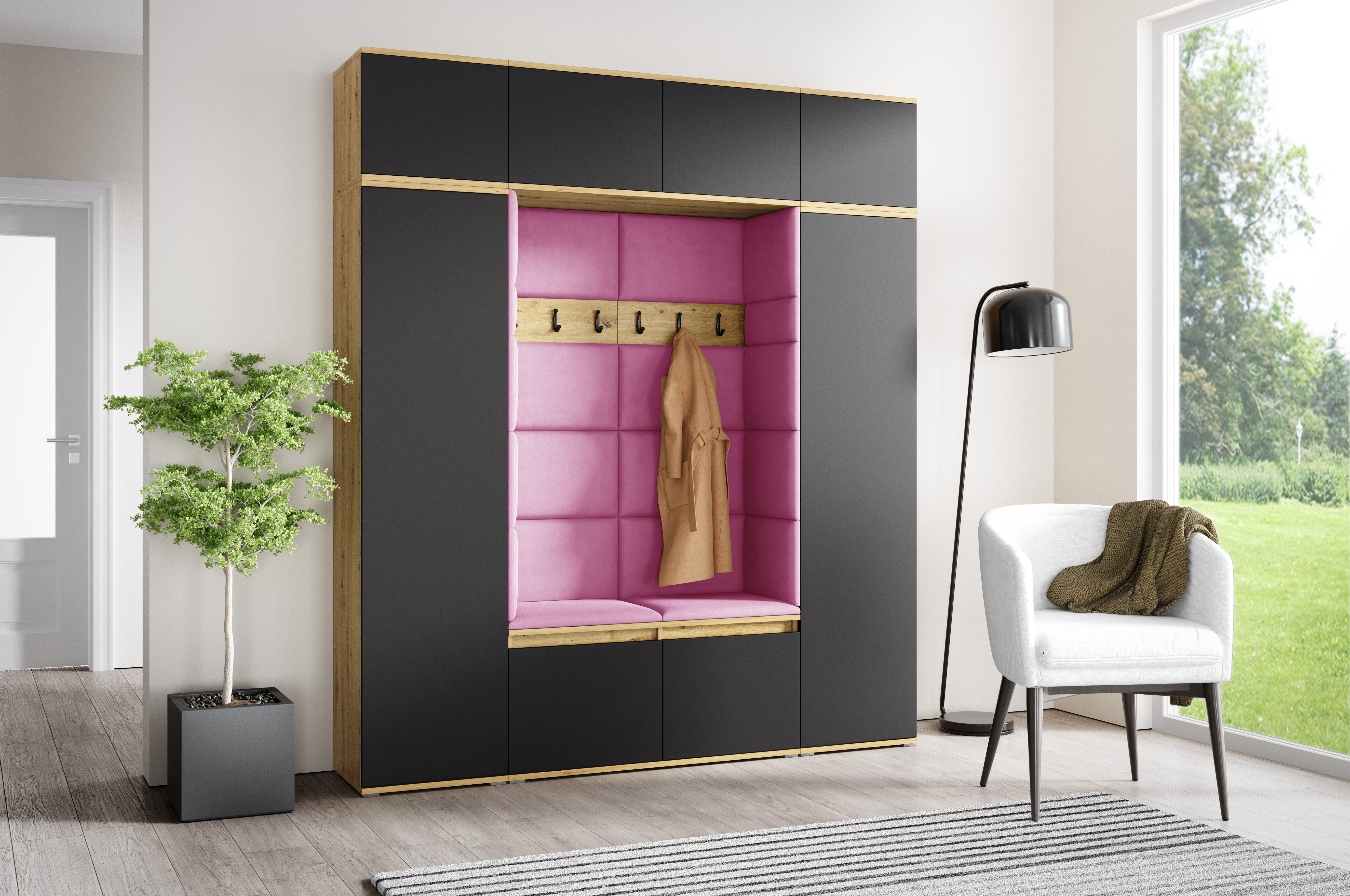 PK Emi 32 Hallway Wardrobe Aristan Oak\ Black- Upholstered Panels in Various Colours