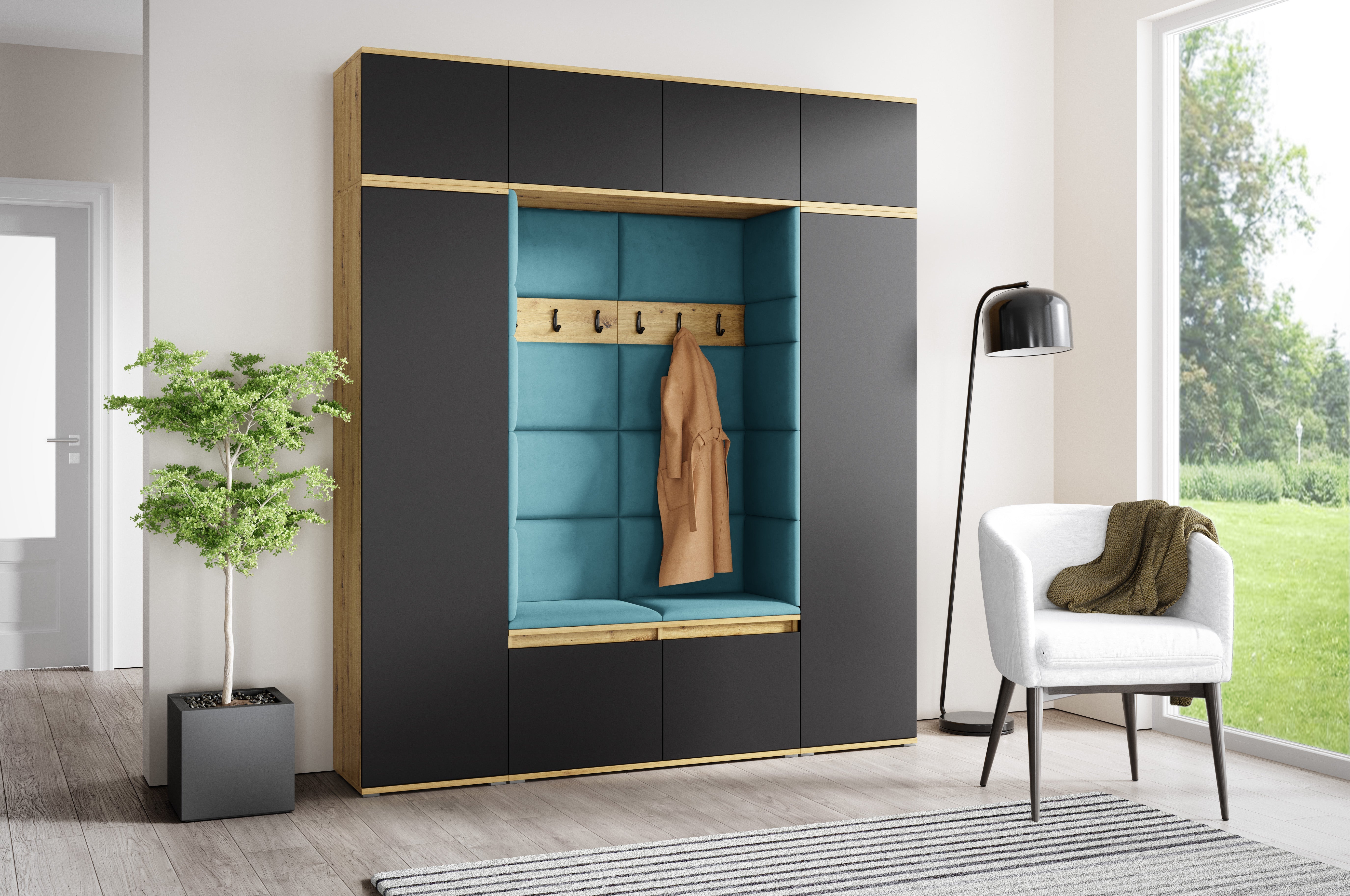 PK Emi 32 Hallway Wardrobe Aristan Oak\ Black- Upholstered Panels in Various Colours