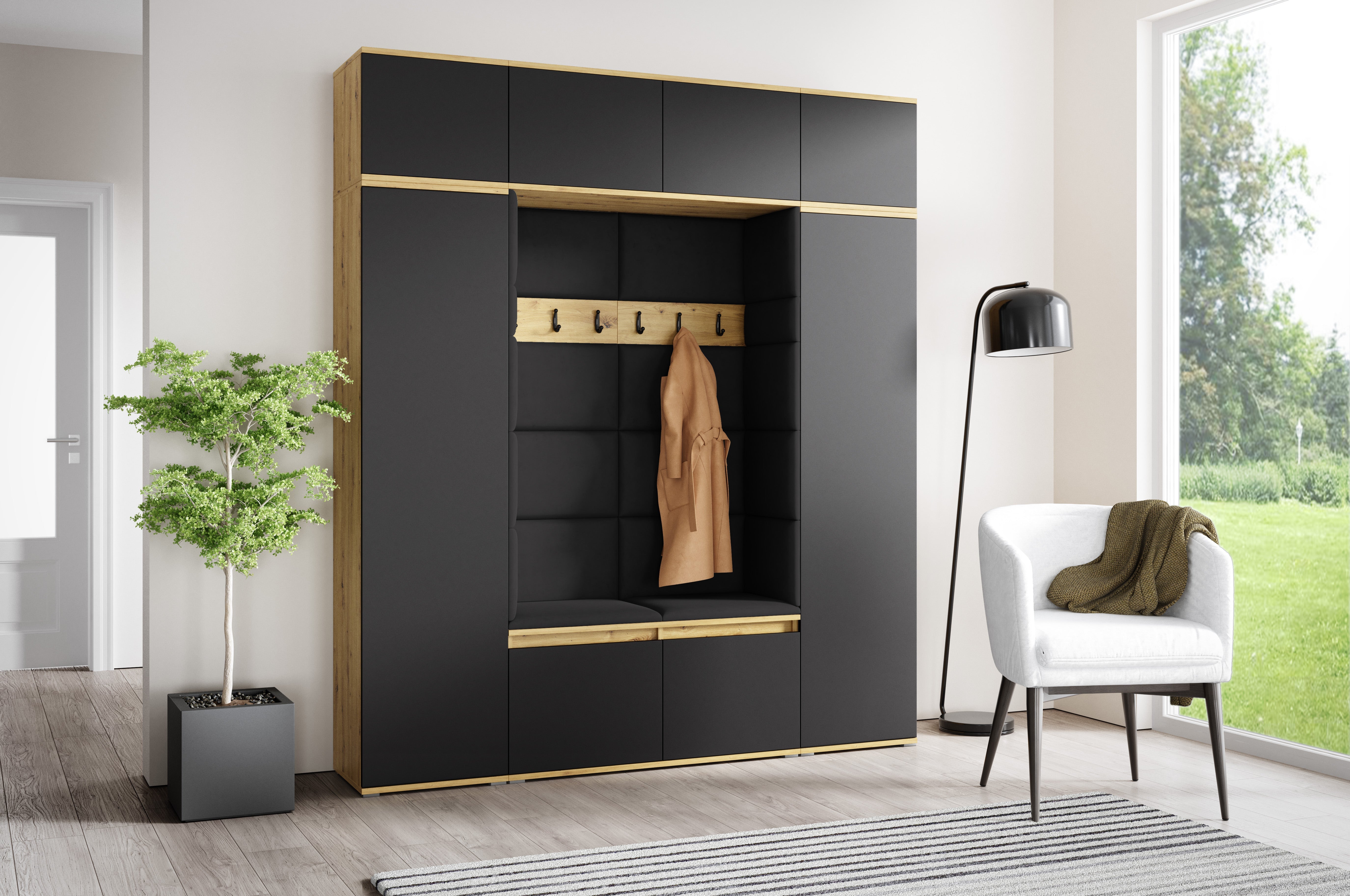 PK Emi 32 Hallway Wardrobe Aristan Oak\ Black- Upholstered Panels in Various Colours