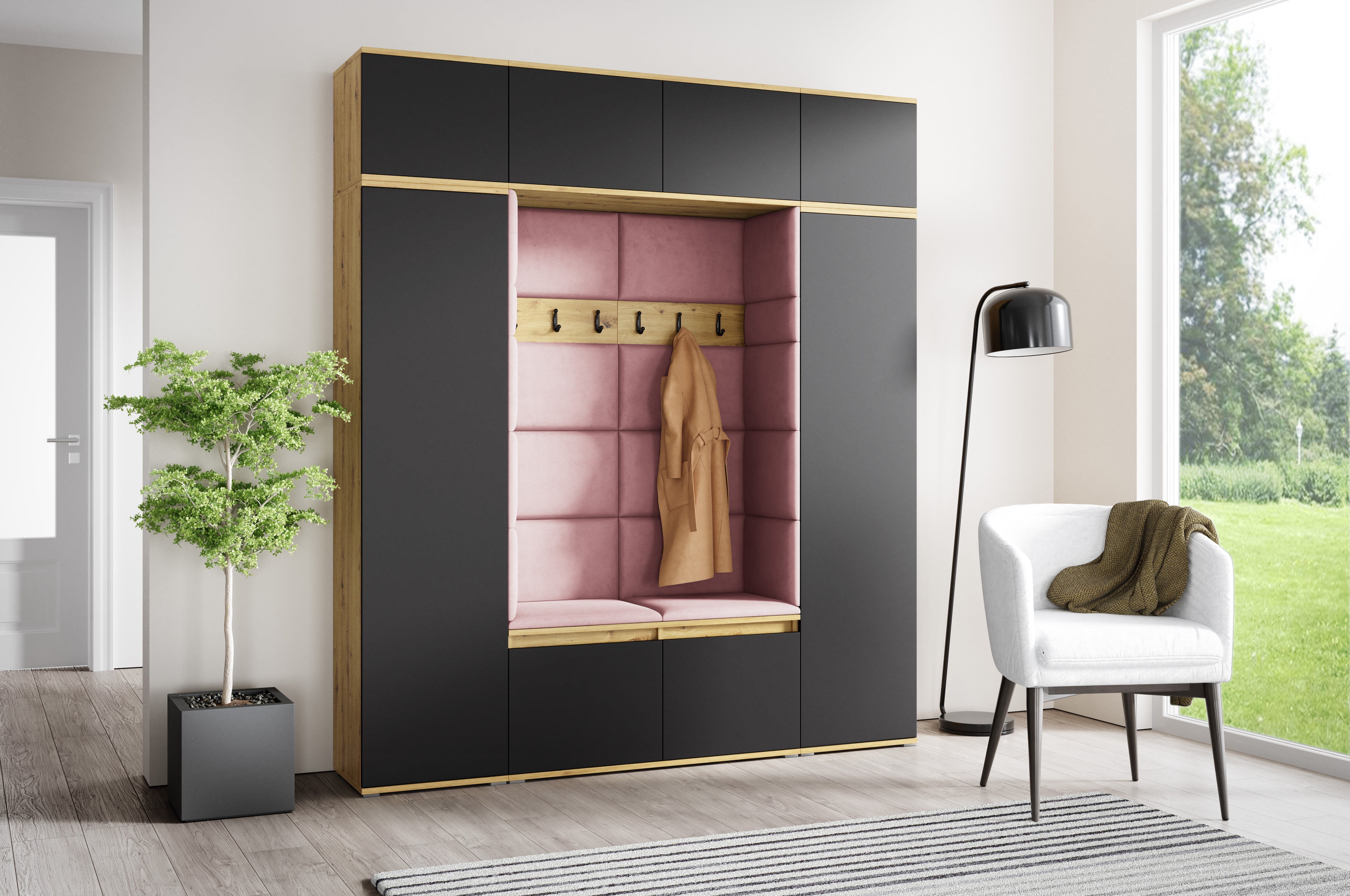 PK Emi 32 Hallway Wardrobe Aristan Oak\ Black- Upholstered Panels in Various Colours