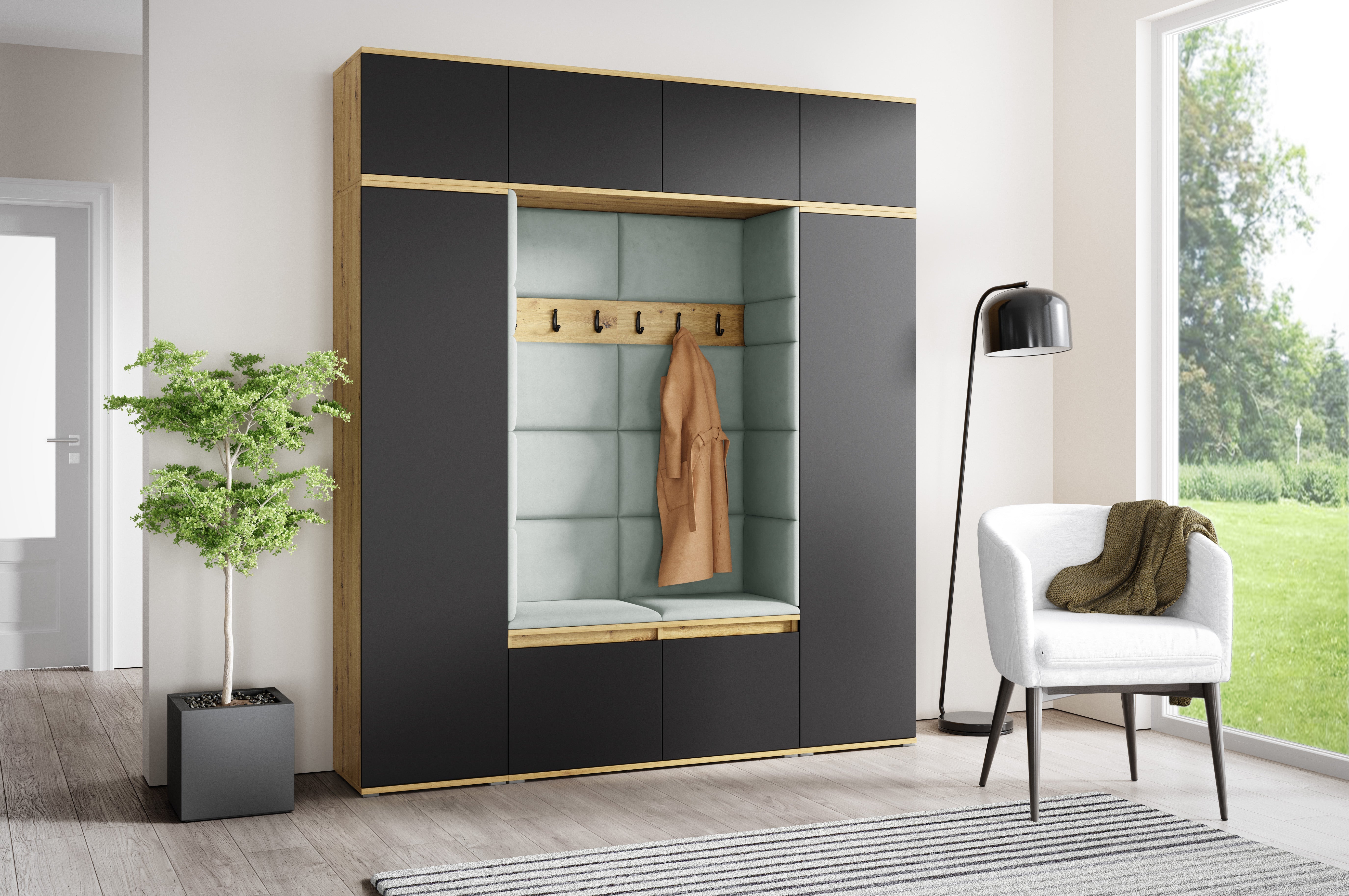 PK Emi 32 Hallway Wardrobe Aristan Oak\ Black- Upholstered Panels in Various Colours
