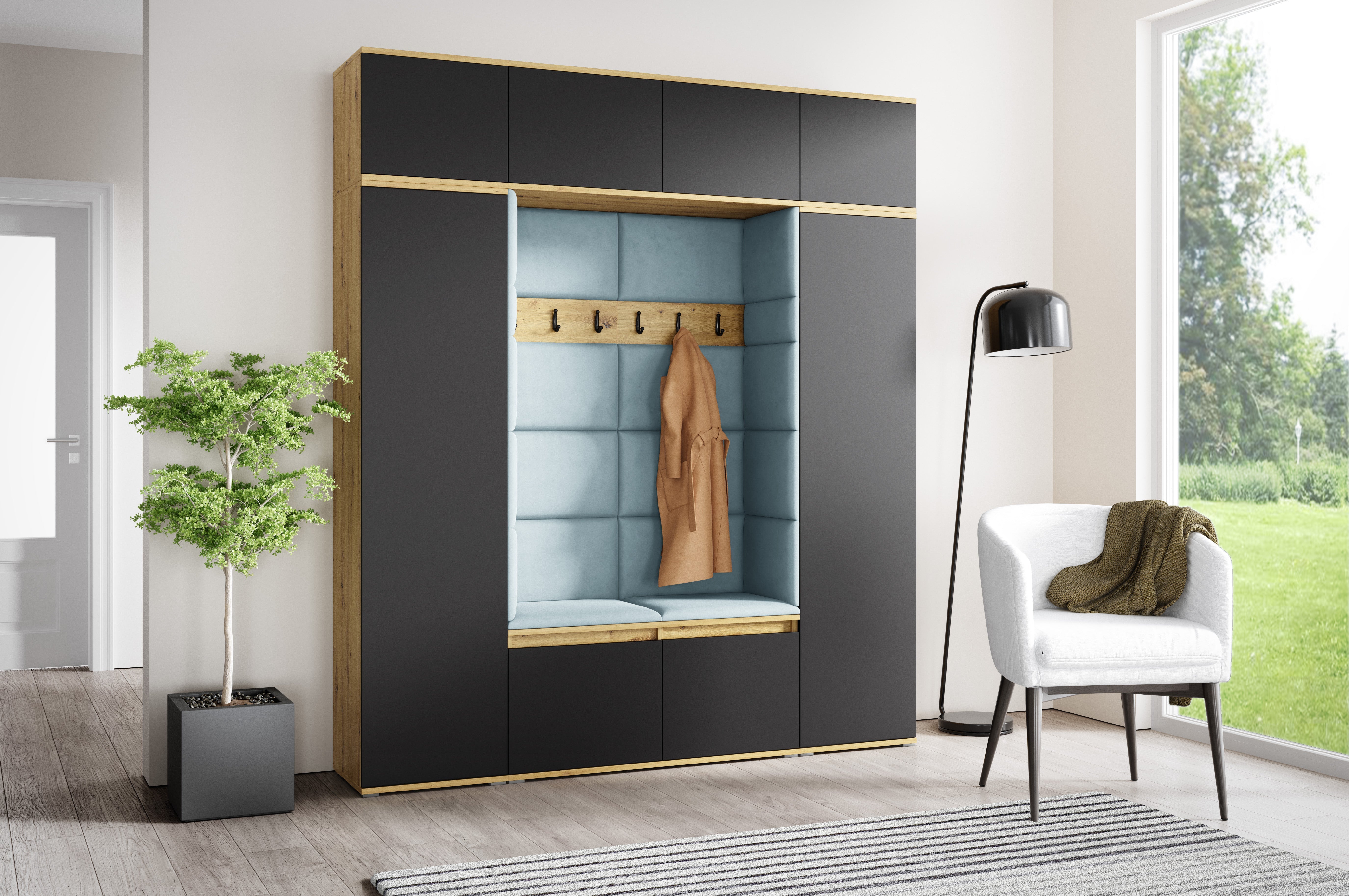 PK Emi 32 Hallway Wardrobe Aristan Oak\ Black- Upholstered Panels in Various Colours