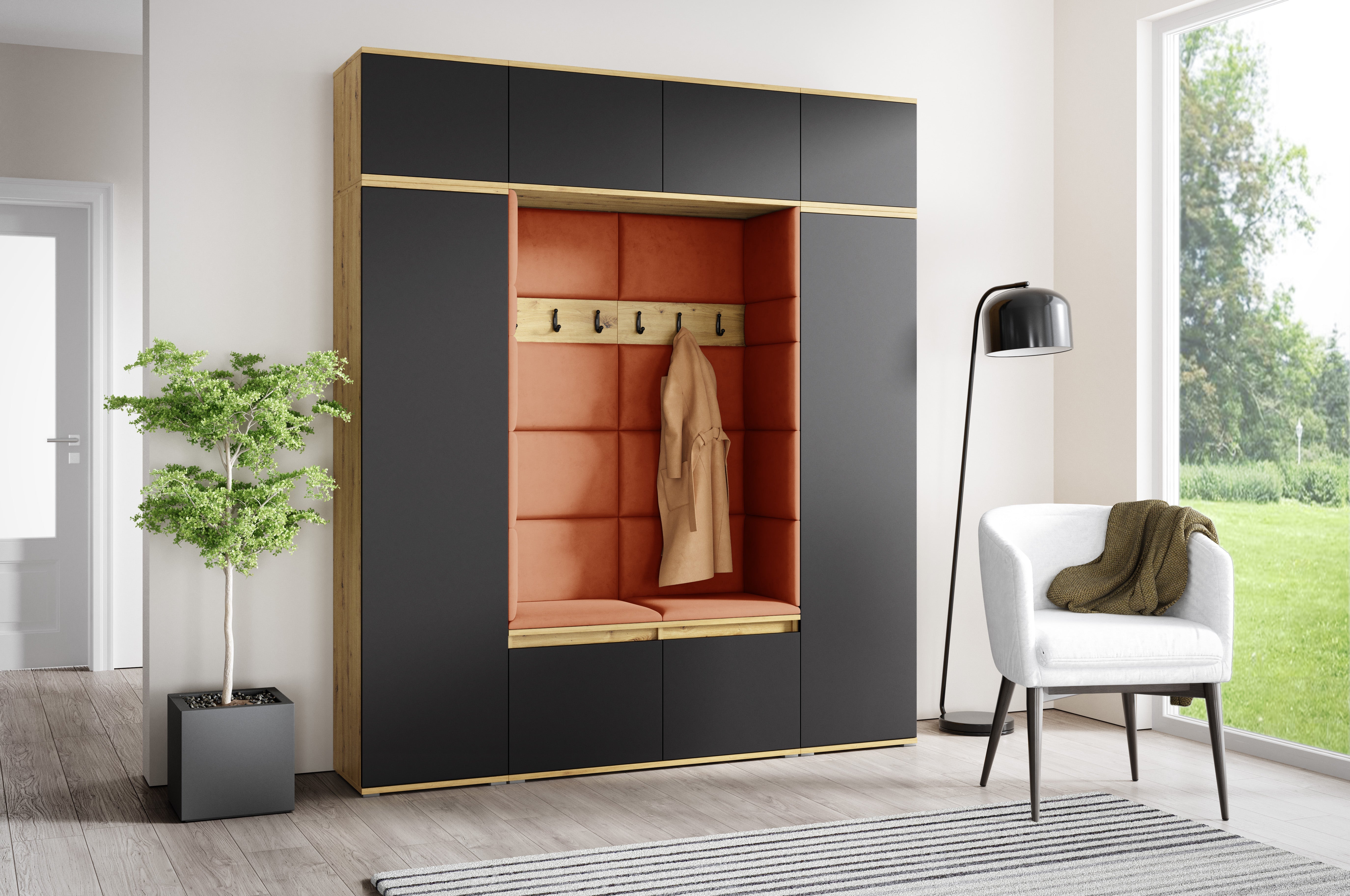 PK Emi 32 Hallway Wardrobe Aristan Oak\ Black- Upholstered Panels in Various Colours