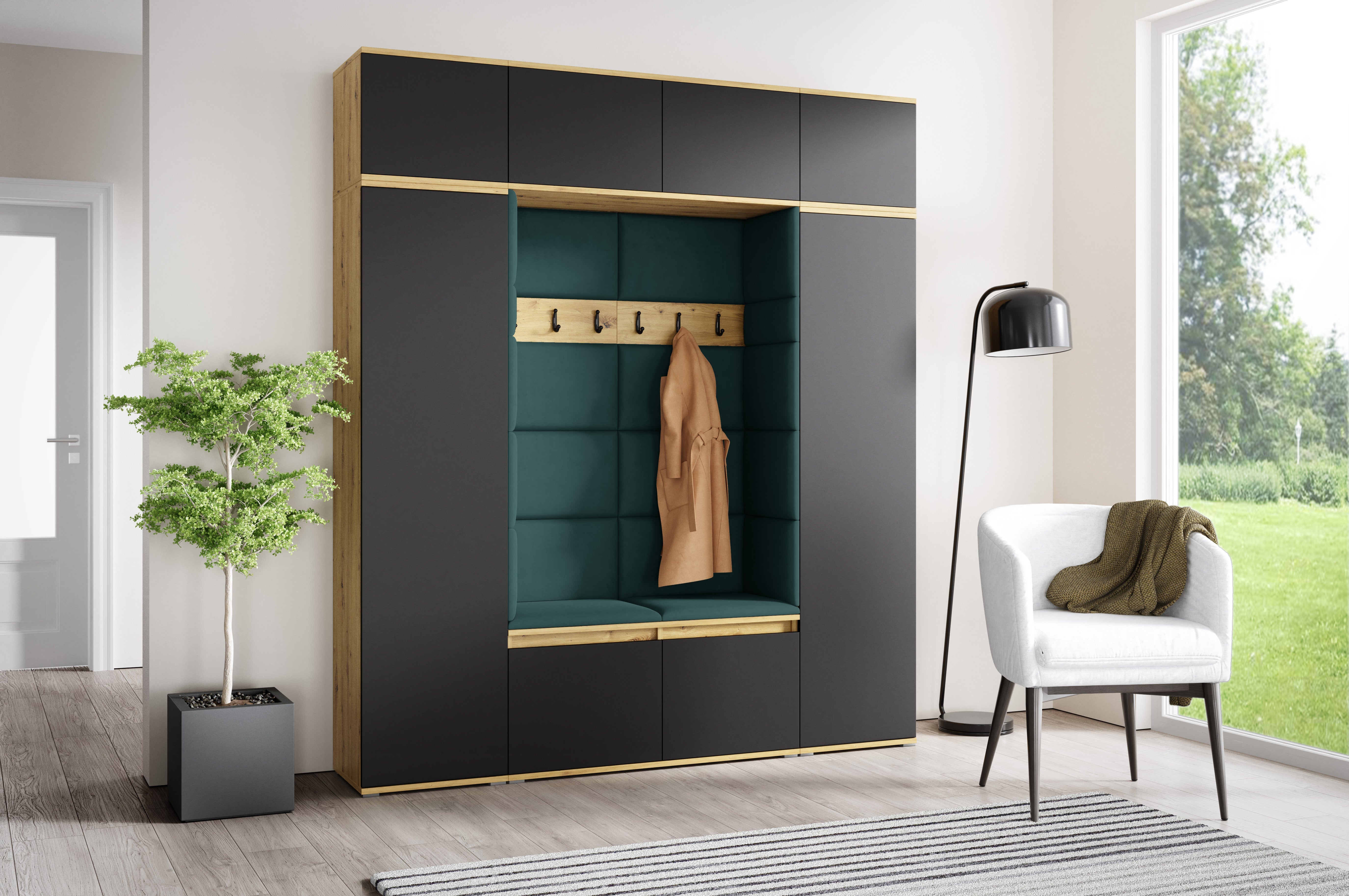 PK Emi 32 Hallway Wardrobe Aristan Oak\ Black- Upholstered Panels in Various Colours