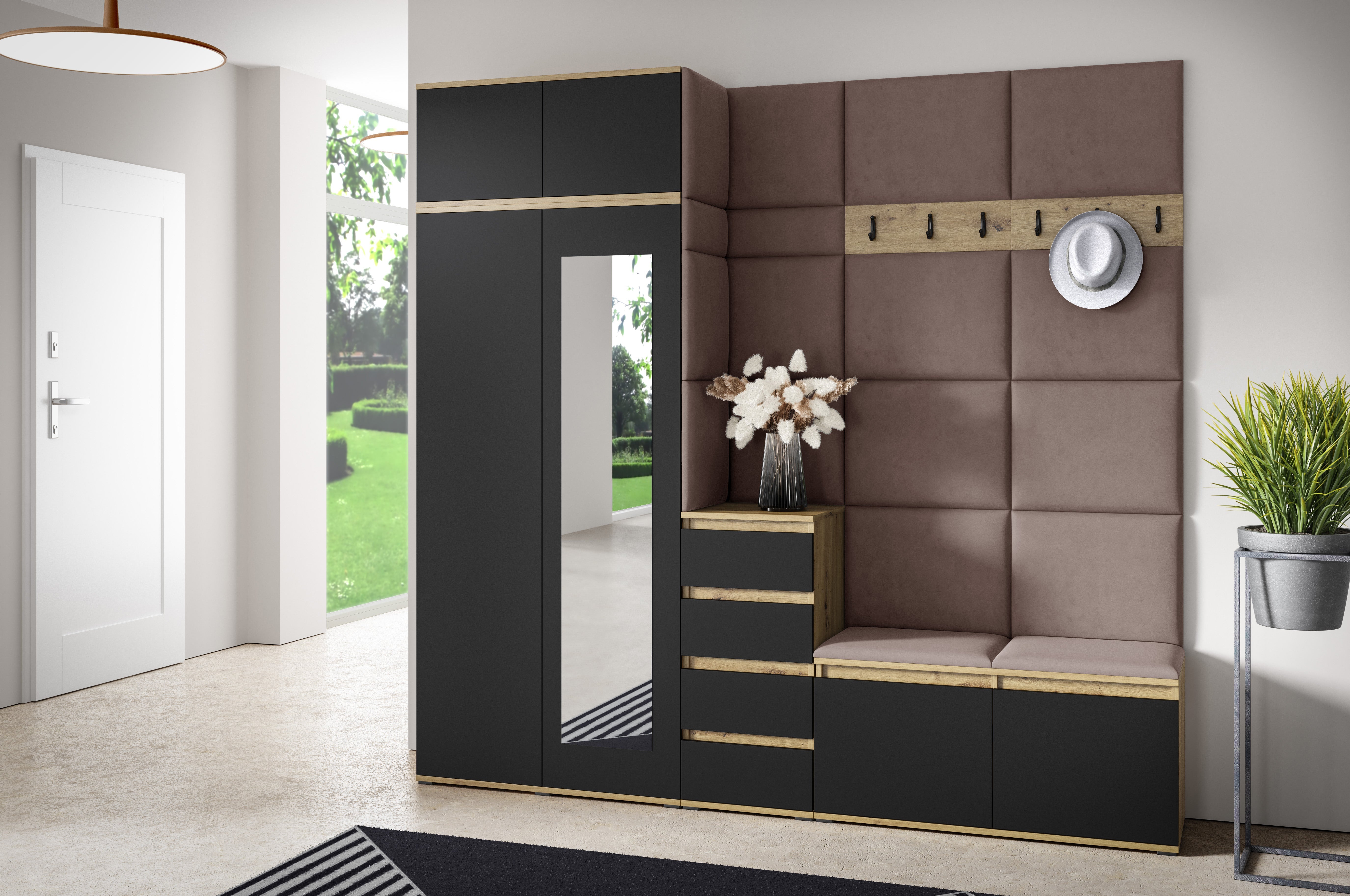 PK Emi 33 Hallway Wardrobe Aristan Oak\Black - Upholstered Panels in Various Colours