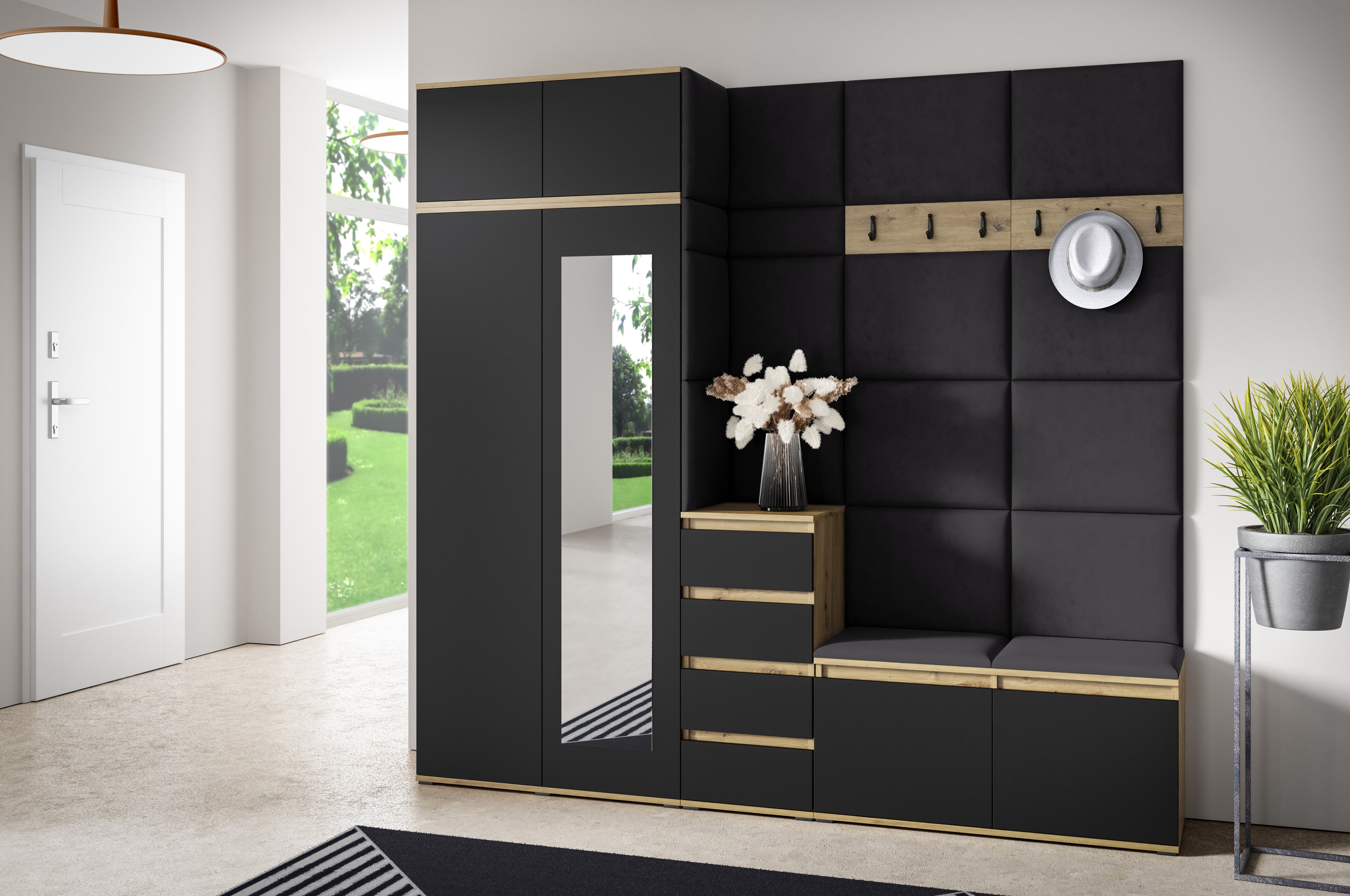 PK Emi 33 Hallway Wardrobe Aristan Oak\Black - Upholstered Panels in Various Colours