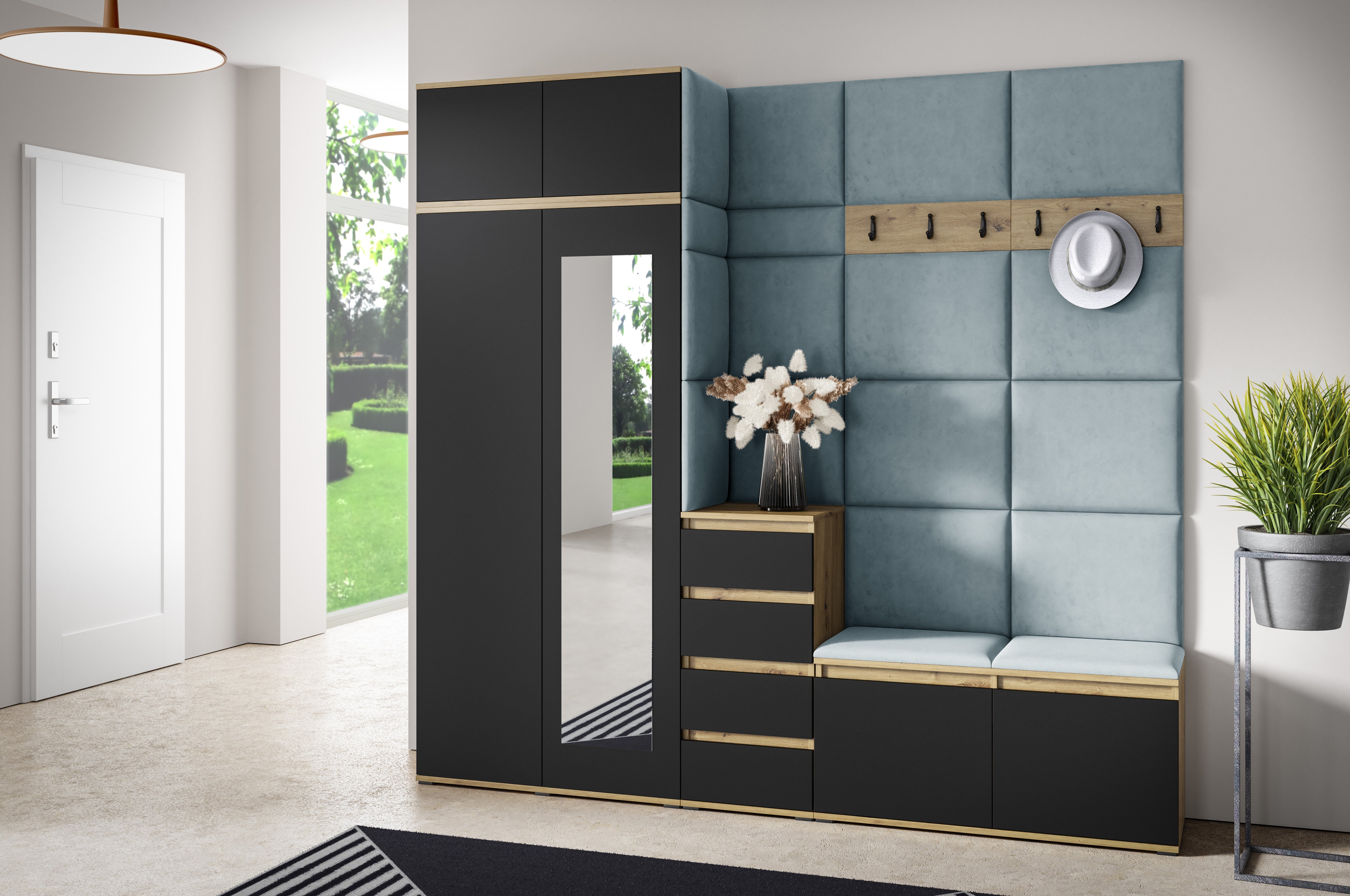 PK Emi 33 Hallway Wardrobe Aristan Oak\Black - Upholstered Panels in Various Colours