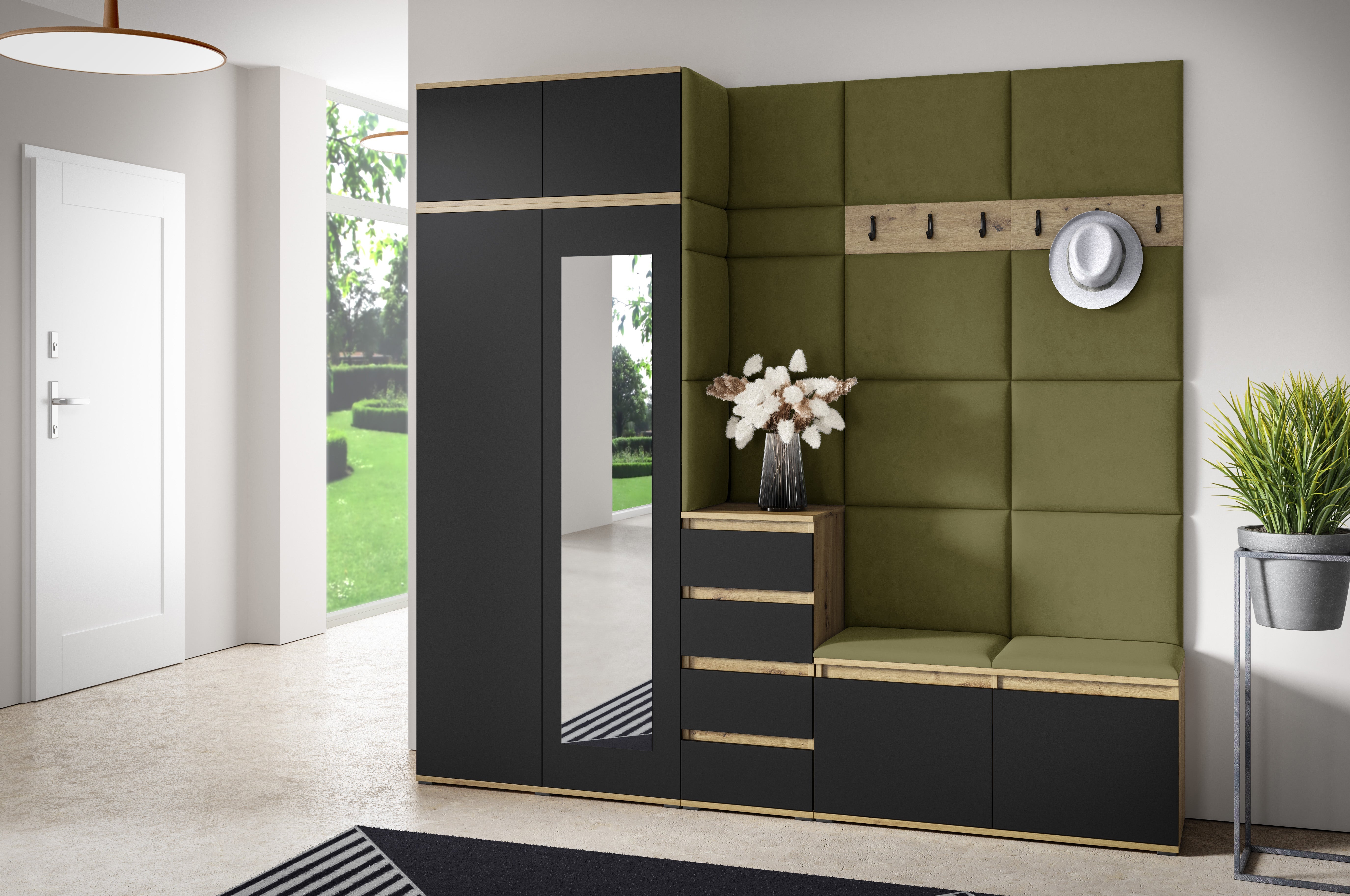 PK Emi 33 Hallway Wardrobe Aristan Oak\Black - Upholstered Panels in Various Colours