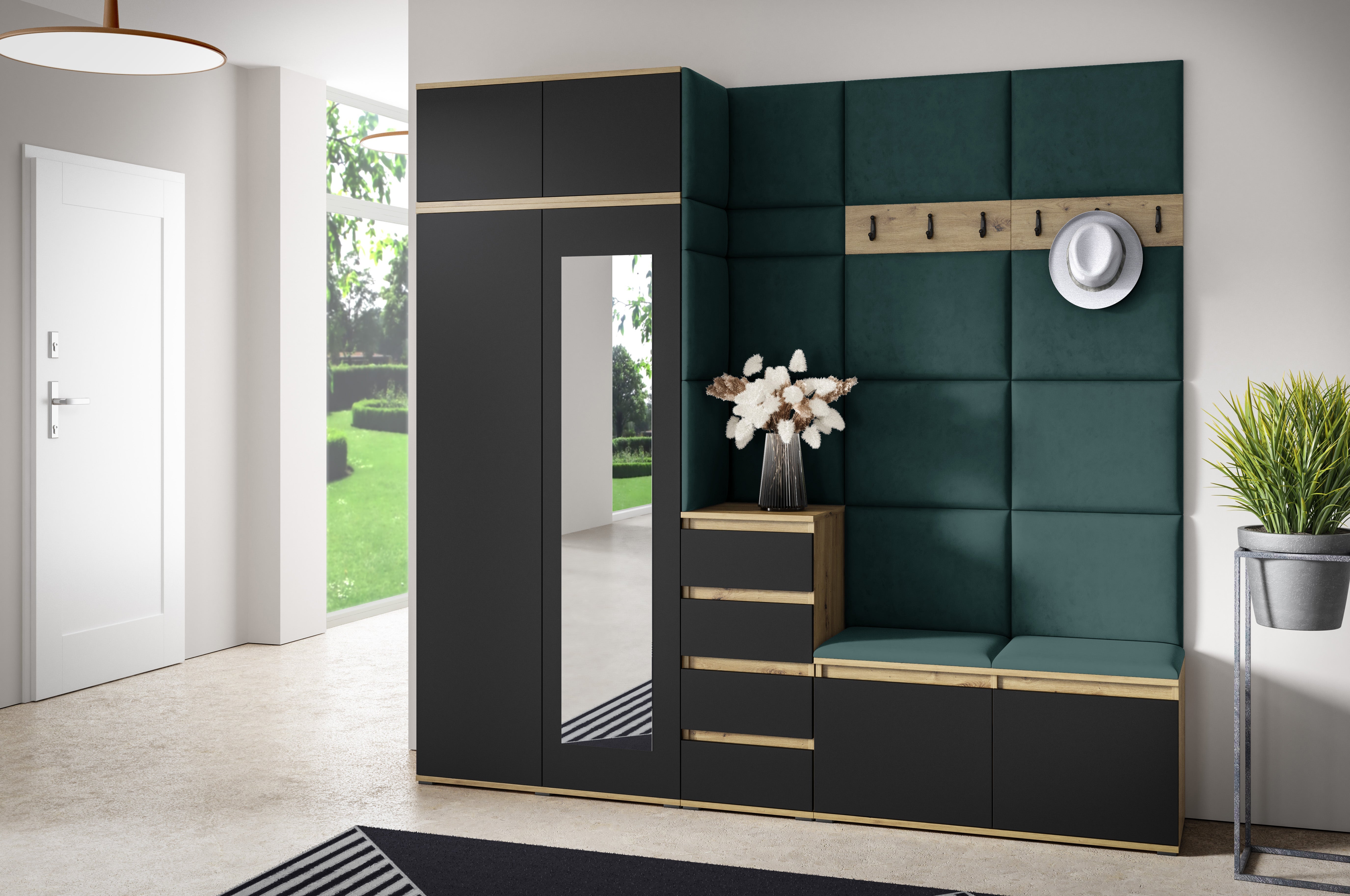 PK Emi 33 Hallway Wardrobe Aristan Oak\Black - Upholstered Panels in Various Colours