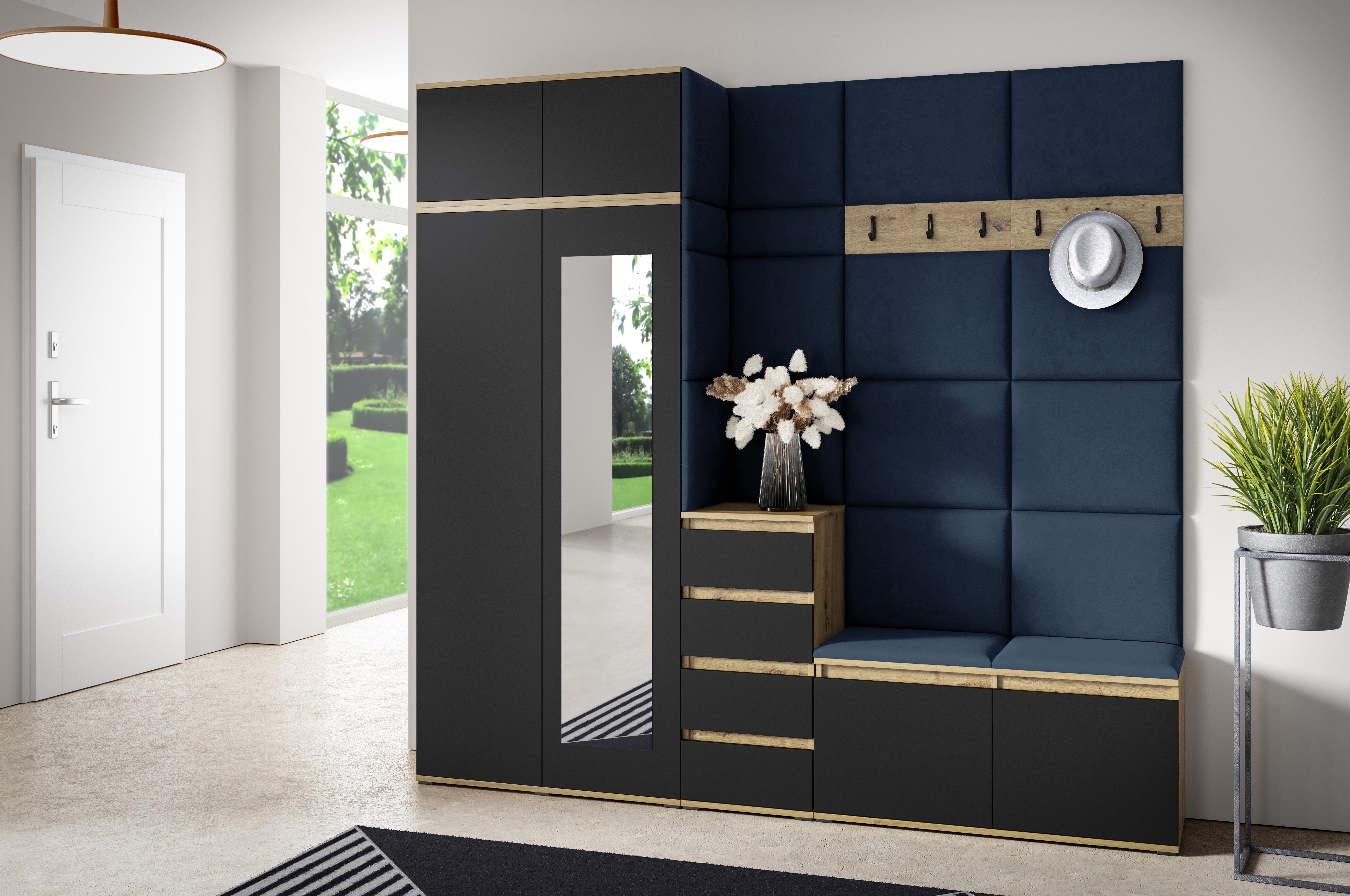 PK Emi 33 Hallway Wardrobe Aristan Oak\Black - Upholstered Panels in Various Colours