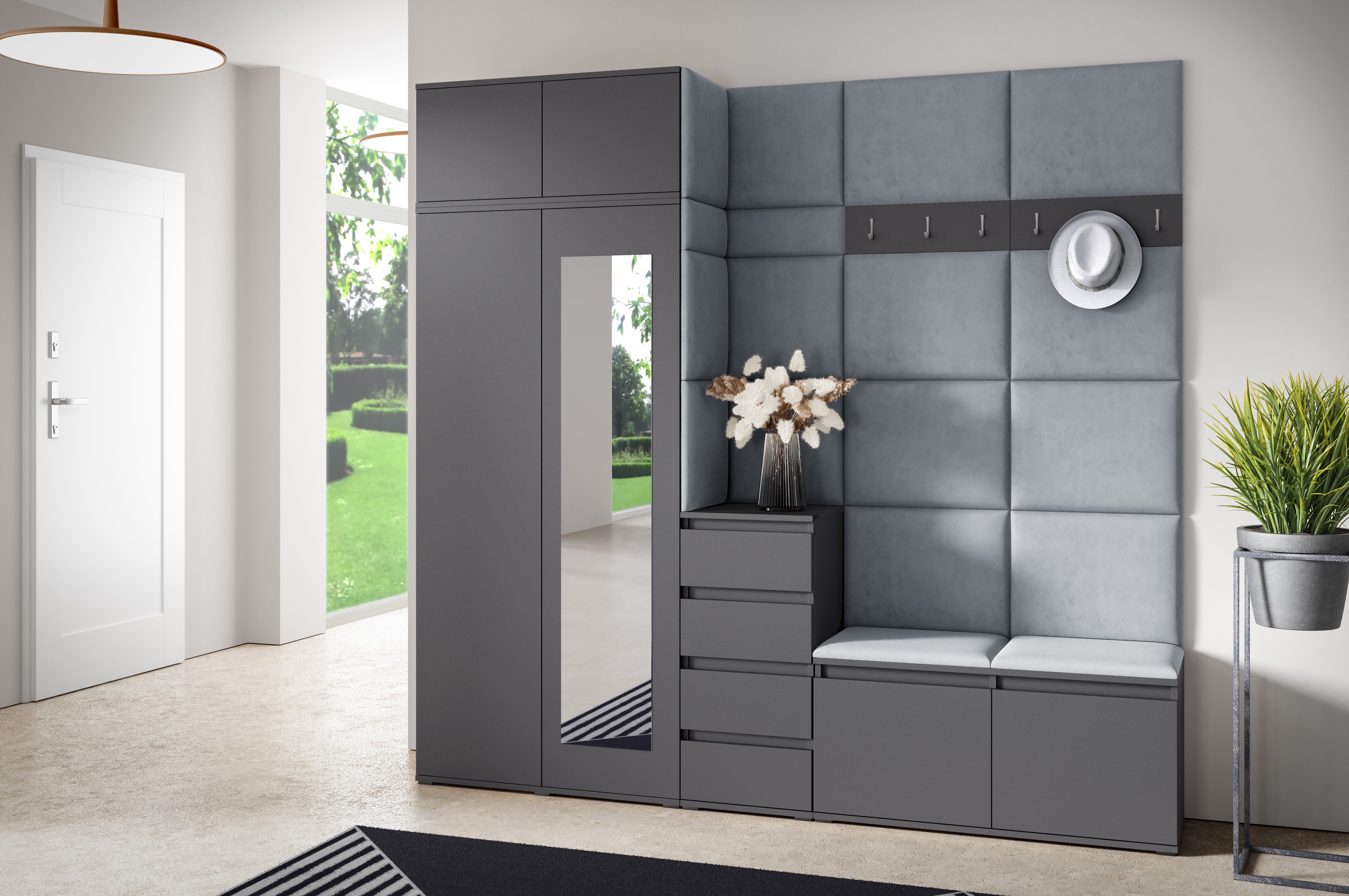 PK Emi 33 Hallway Wardrobe Graphite - Upholstered Panels in Various Colours