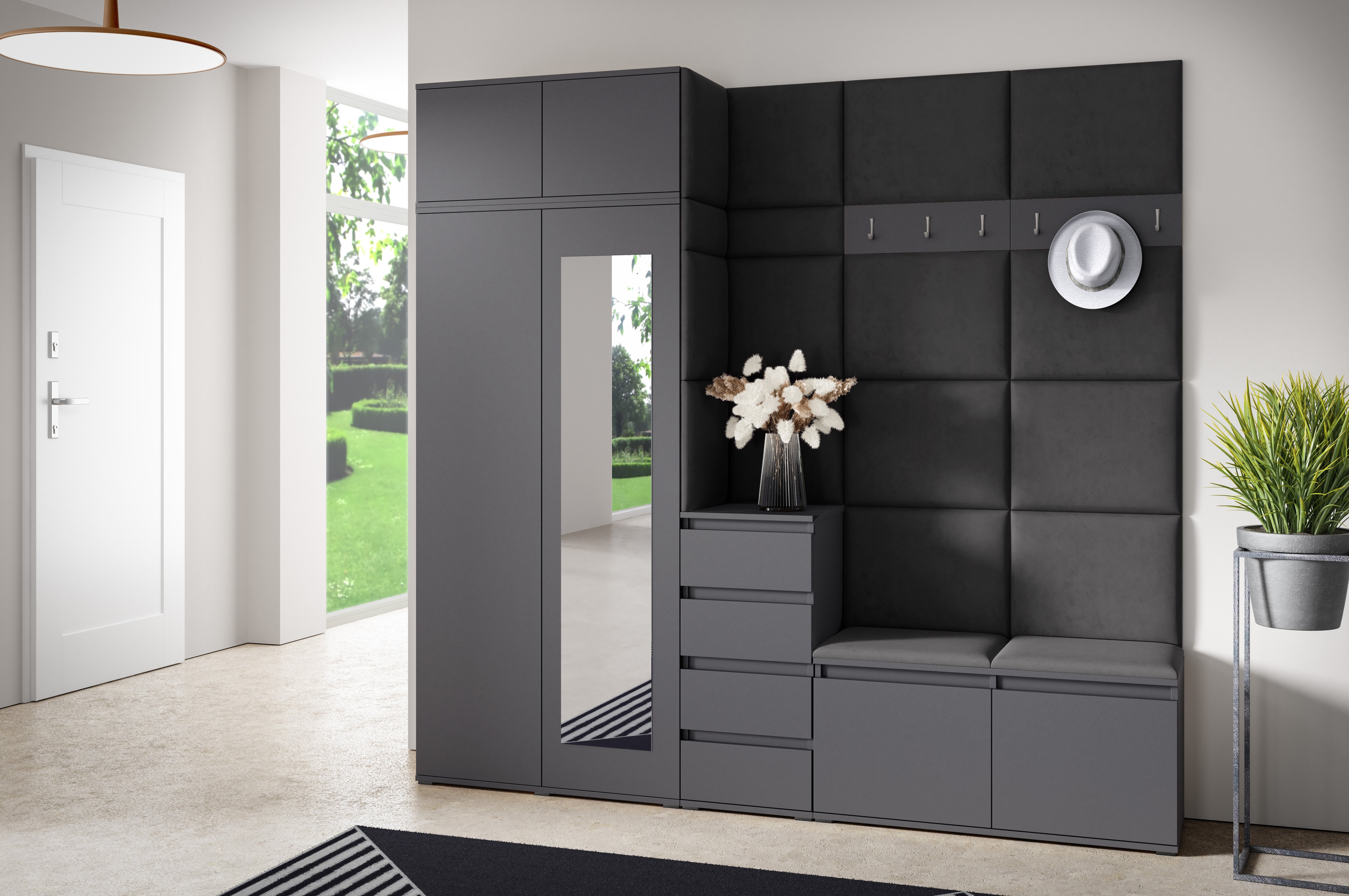 PK Emi 33 Hallway Wardrobe Graphite - Upholstered Panels in Various Colours