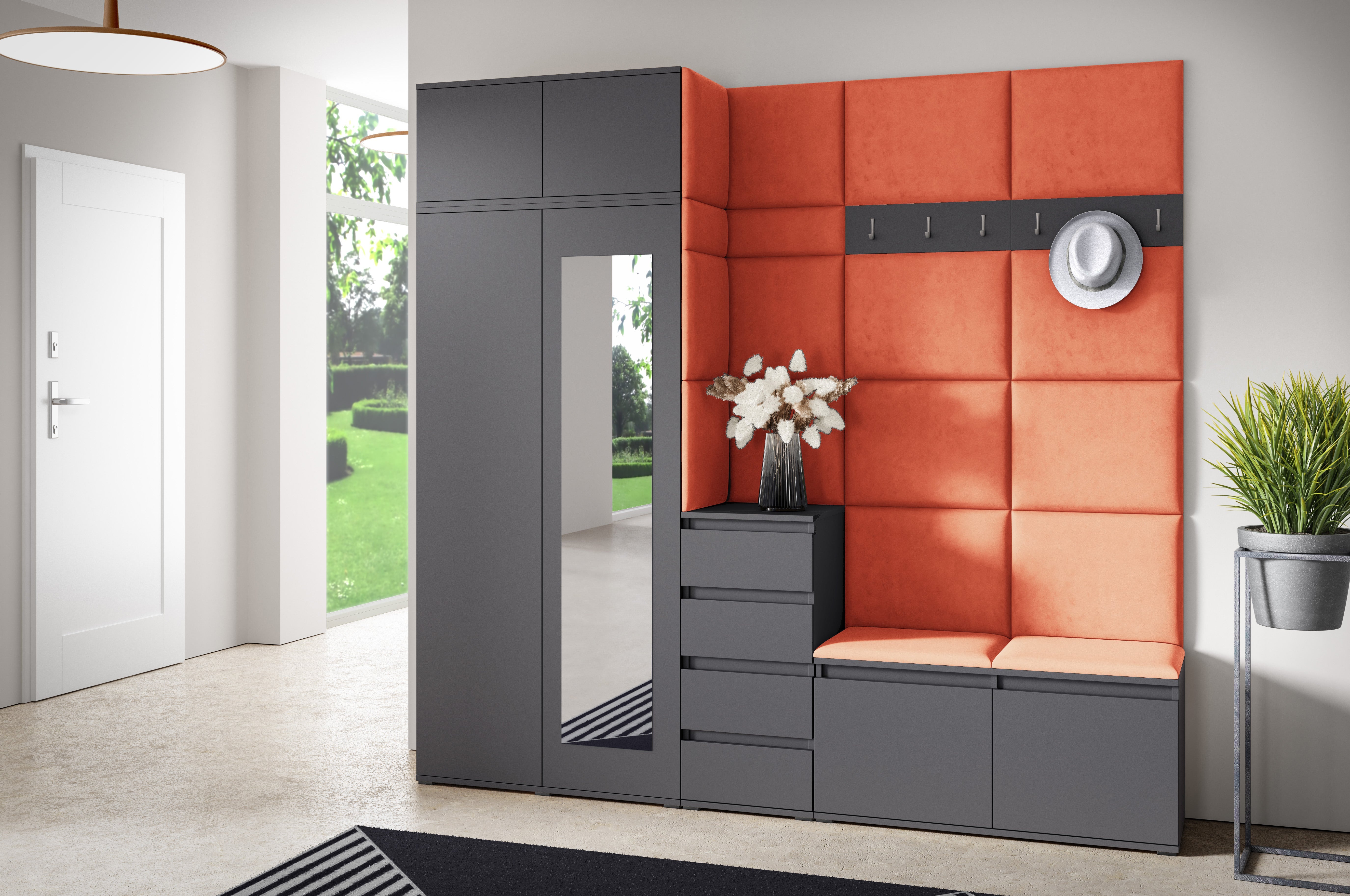PK Emi 33 Hallway Wardrobe Graphite - Upholstered Panels in Various Colours