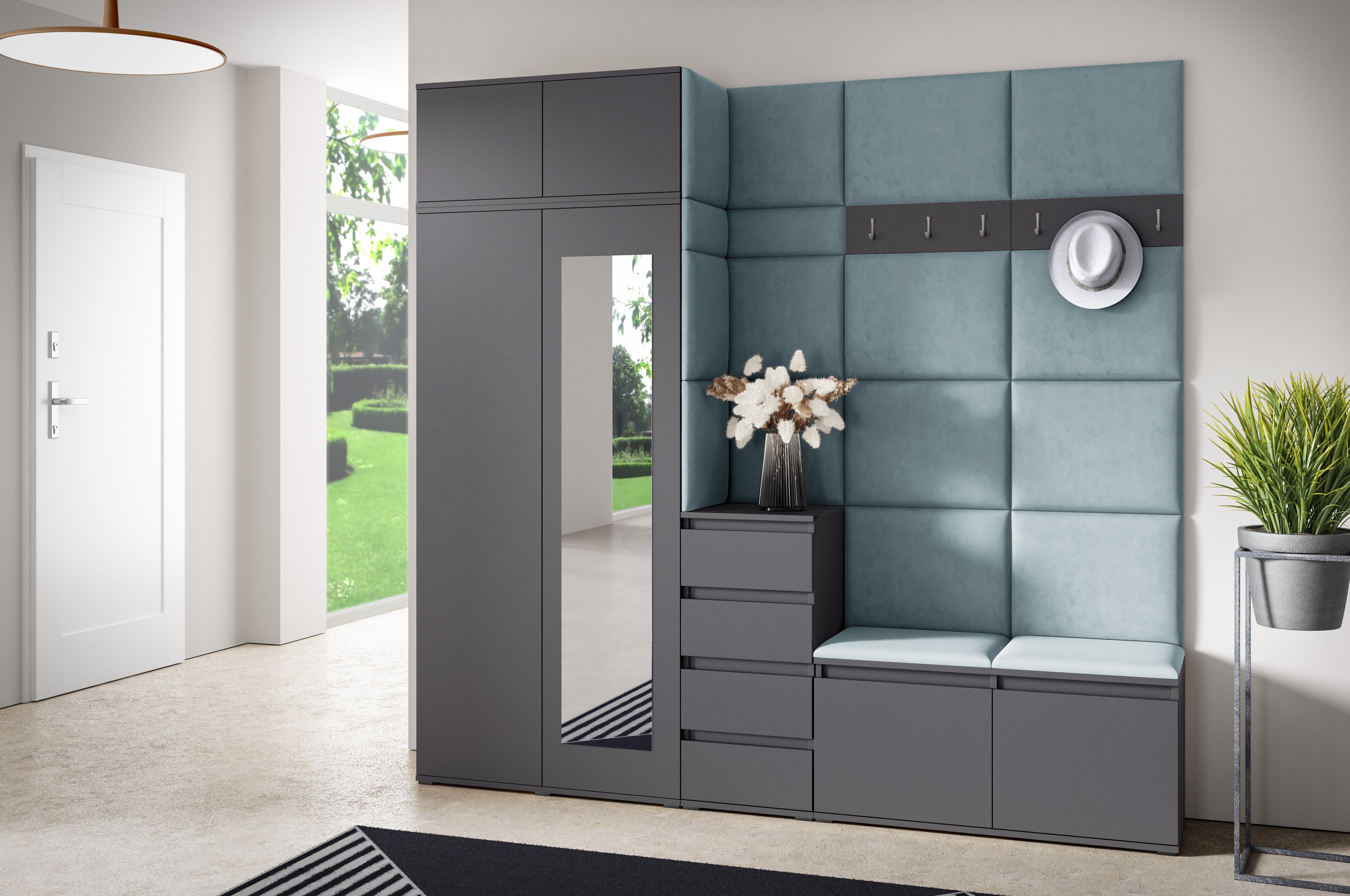PK Emi 33 Hallway Wardrobe Graphite - Upholstered Panels in Various Colours