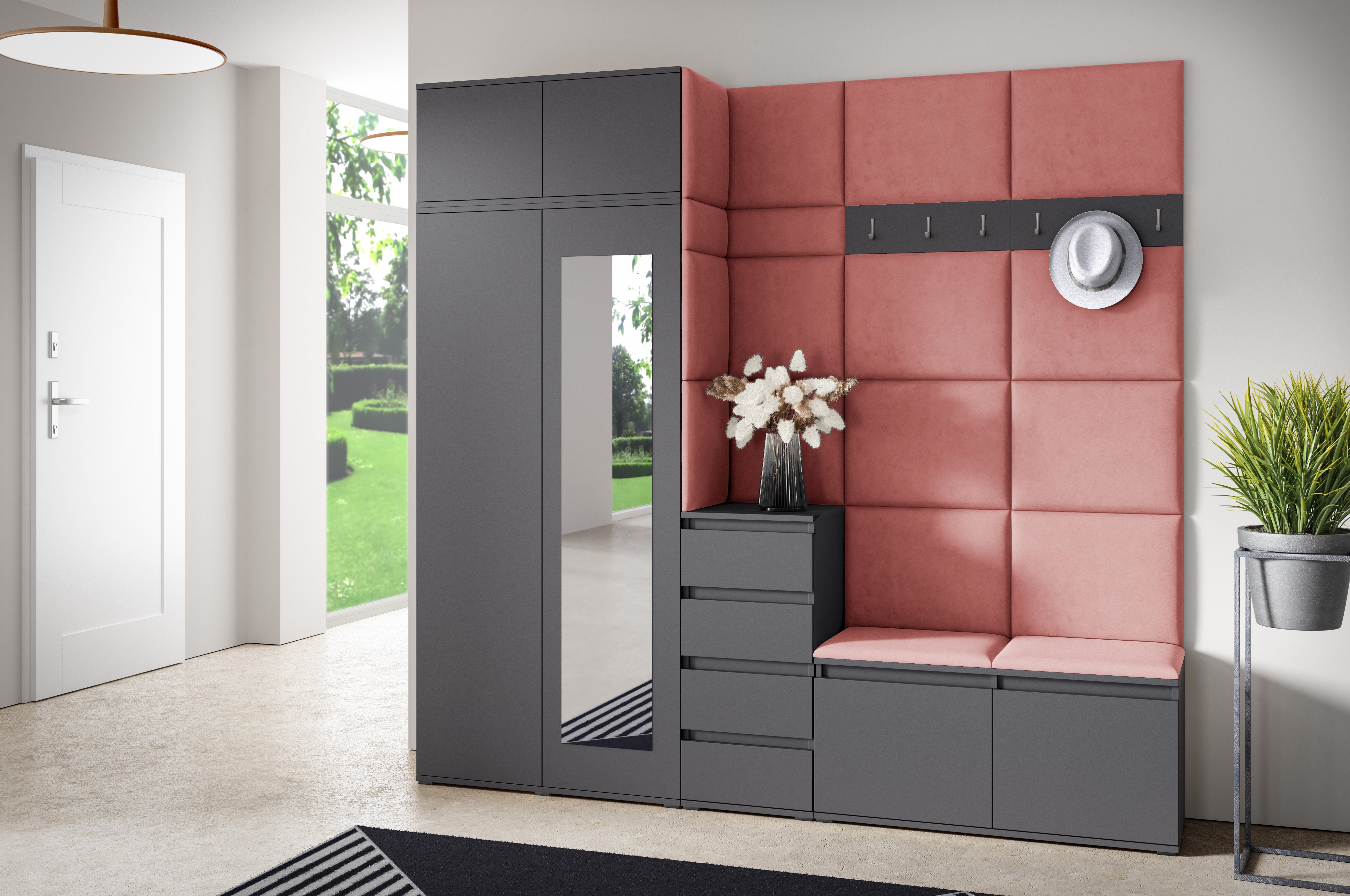 PK Emi 33 Hallway Wardrobe Graphite - Upholstered Panels in Various Colours