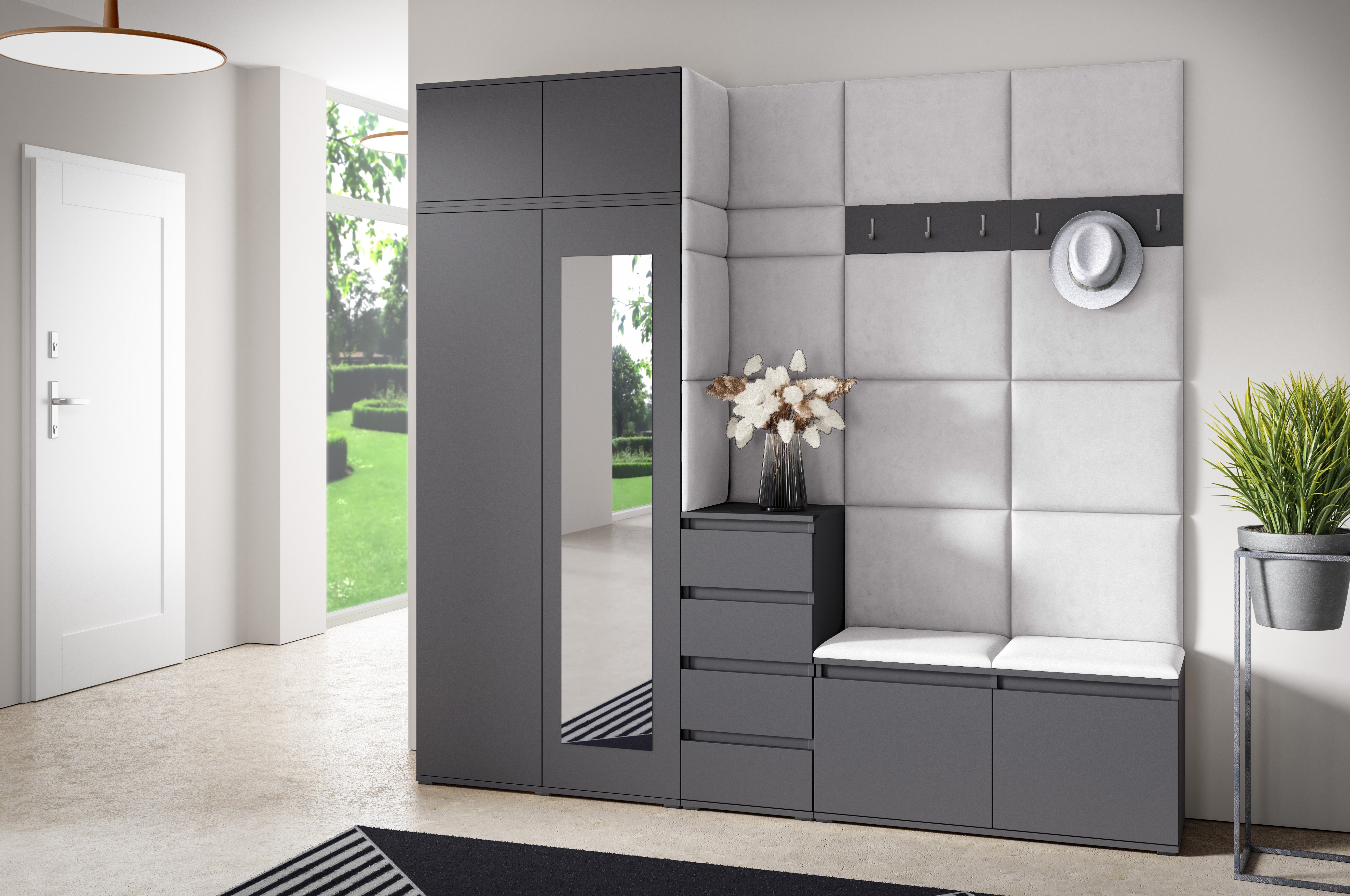 PK Emi 33 Hallway Wardrobe Graphite - Upholstered Panels in Various Colours