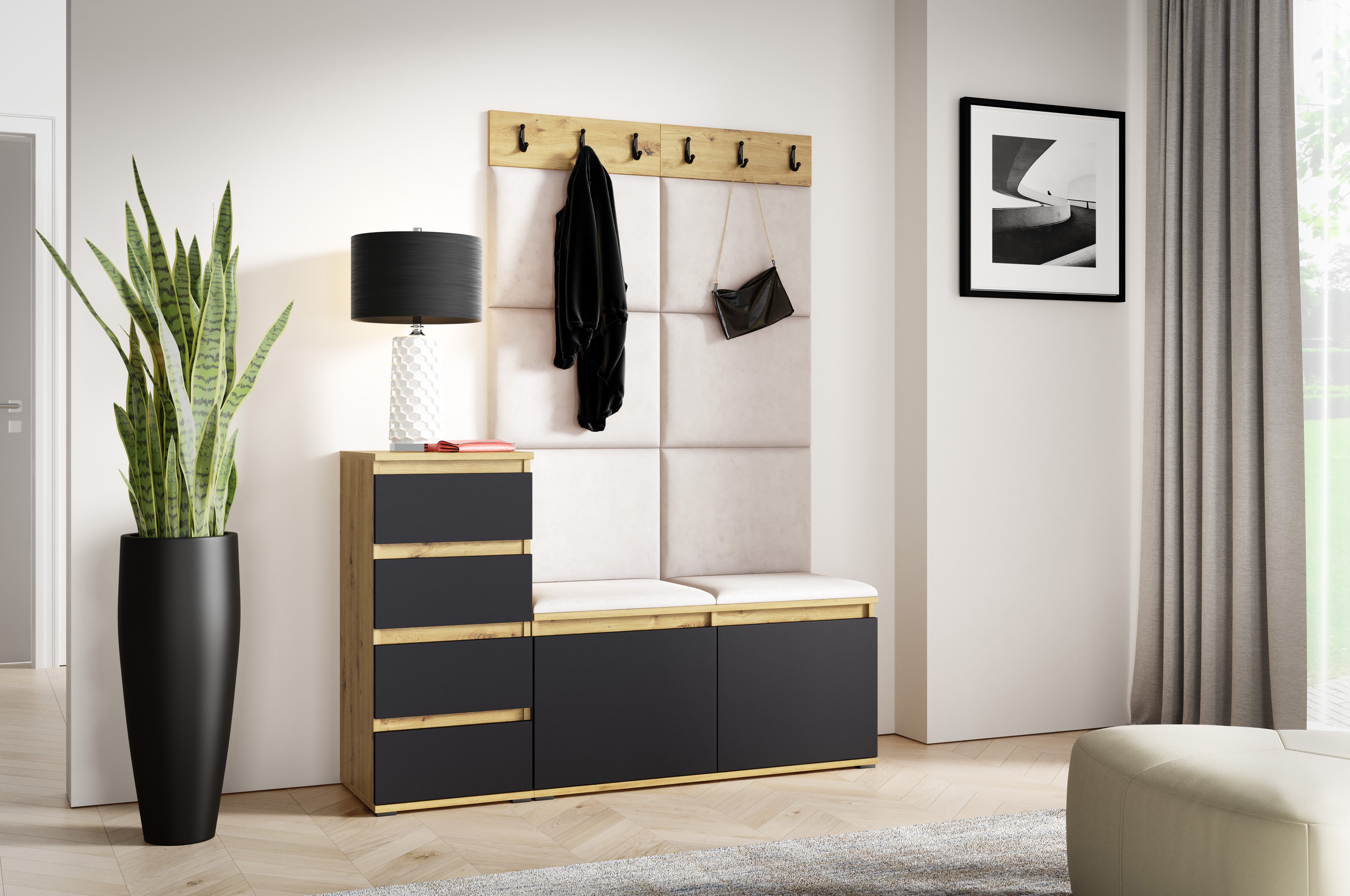 PK Emi 34 Hallway Wardrobe Aristan Oak\Black- Upholstered Panels in Various Colours