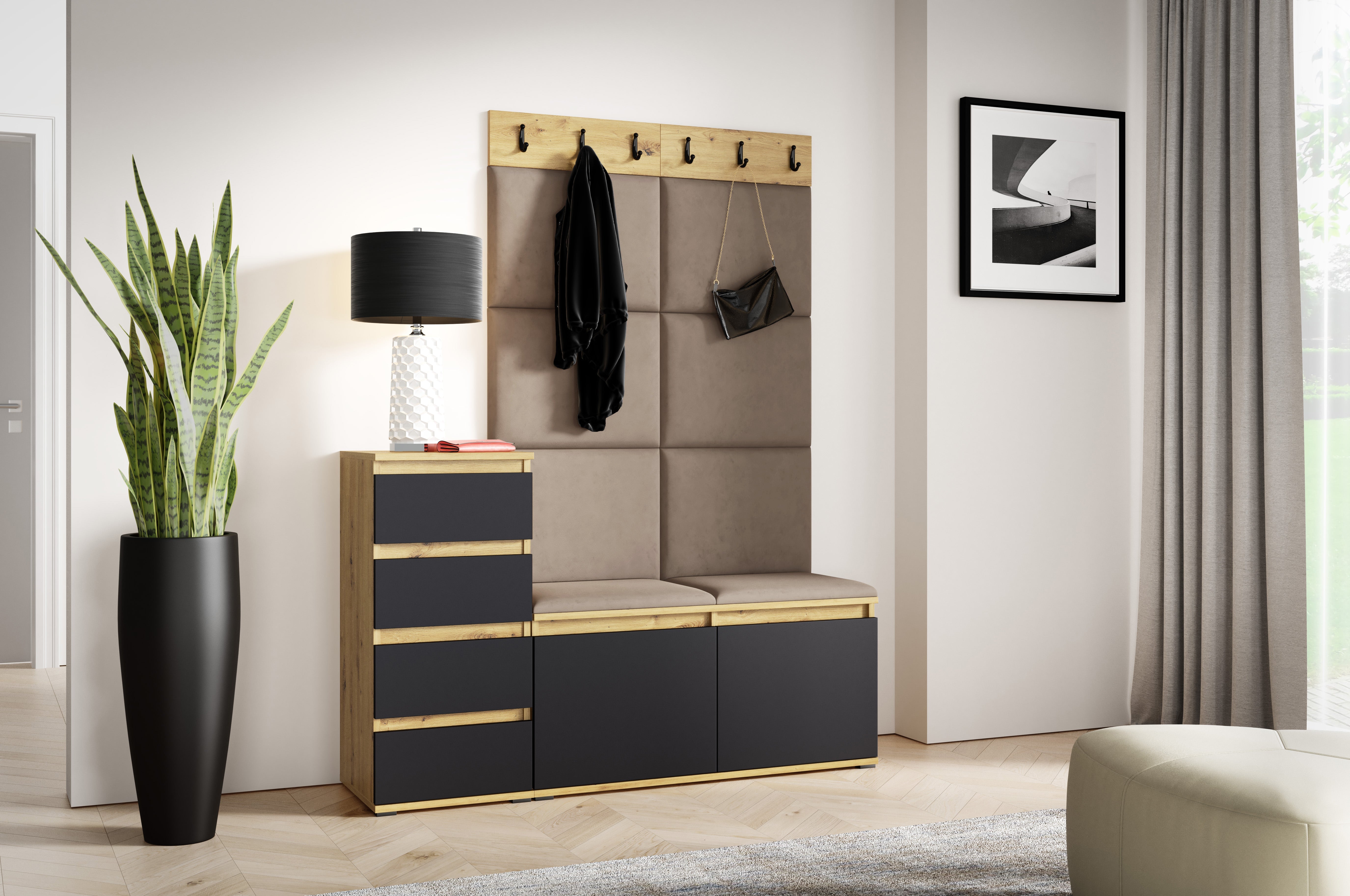 PK Emi 34 Hallway Wardrobe Aristan Oak\Black- Upholstered Panels in Various Colours