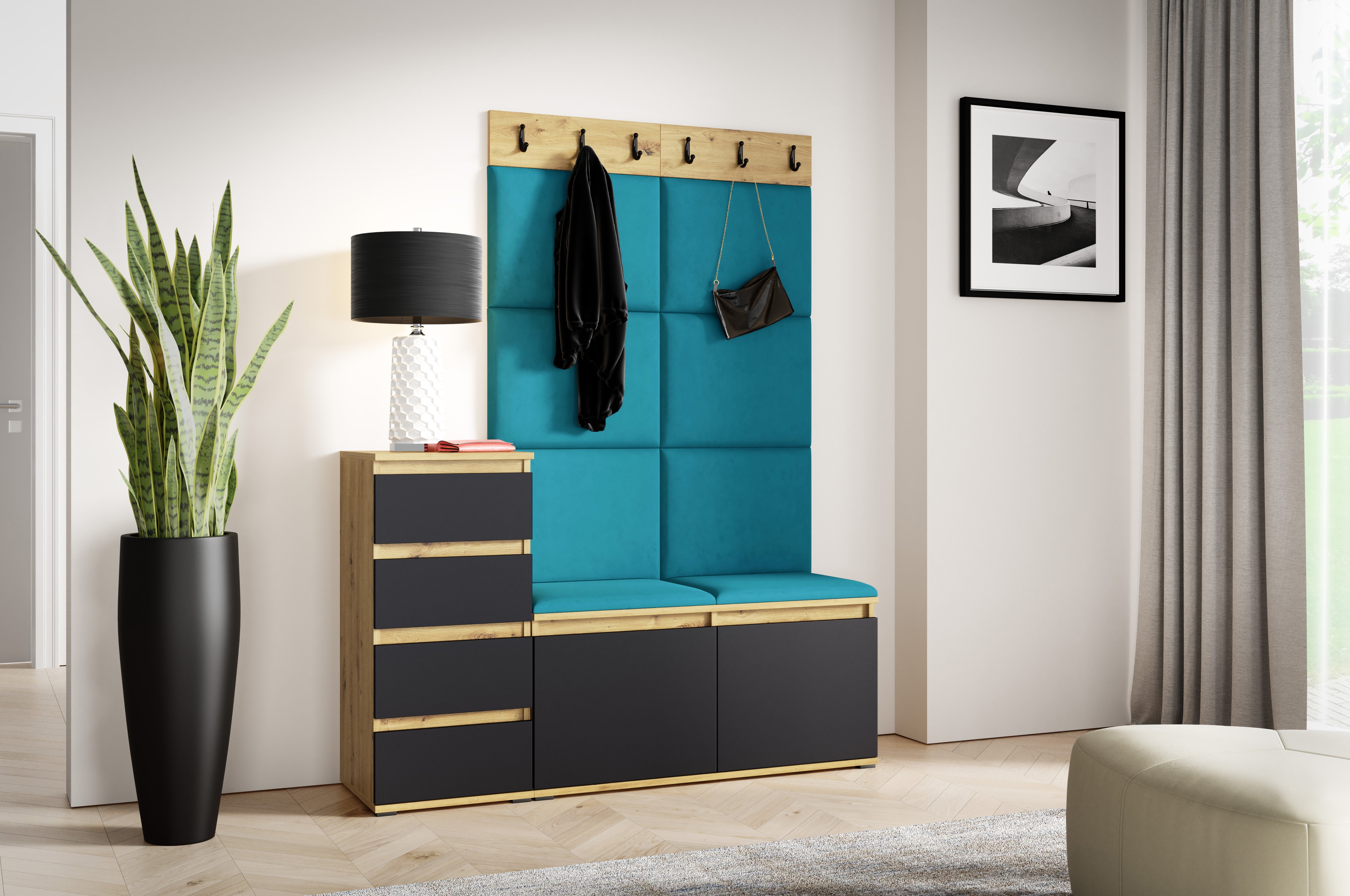 PK Emi 34 Hallway Wardrobe Aristan Oak\Black- Upholstered Panels in Various Colours