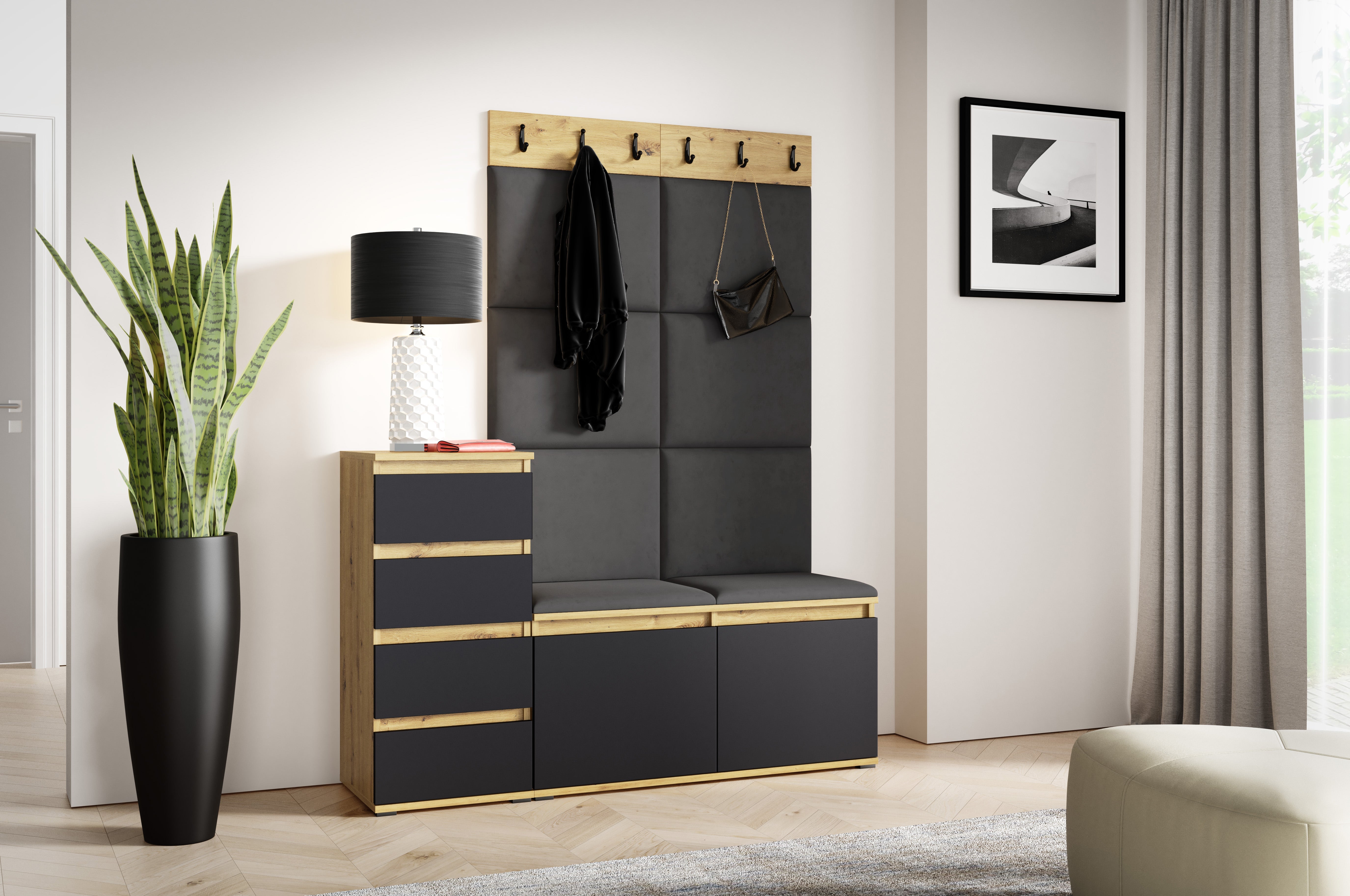 PK Emi 34 Hallway Wardrobe Aristan Oak\Black- Upholstered Panels in Various Colours