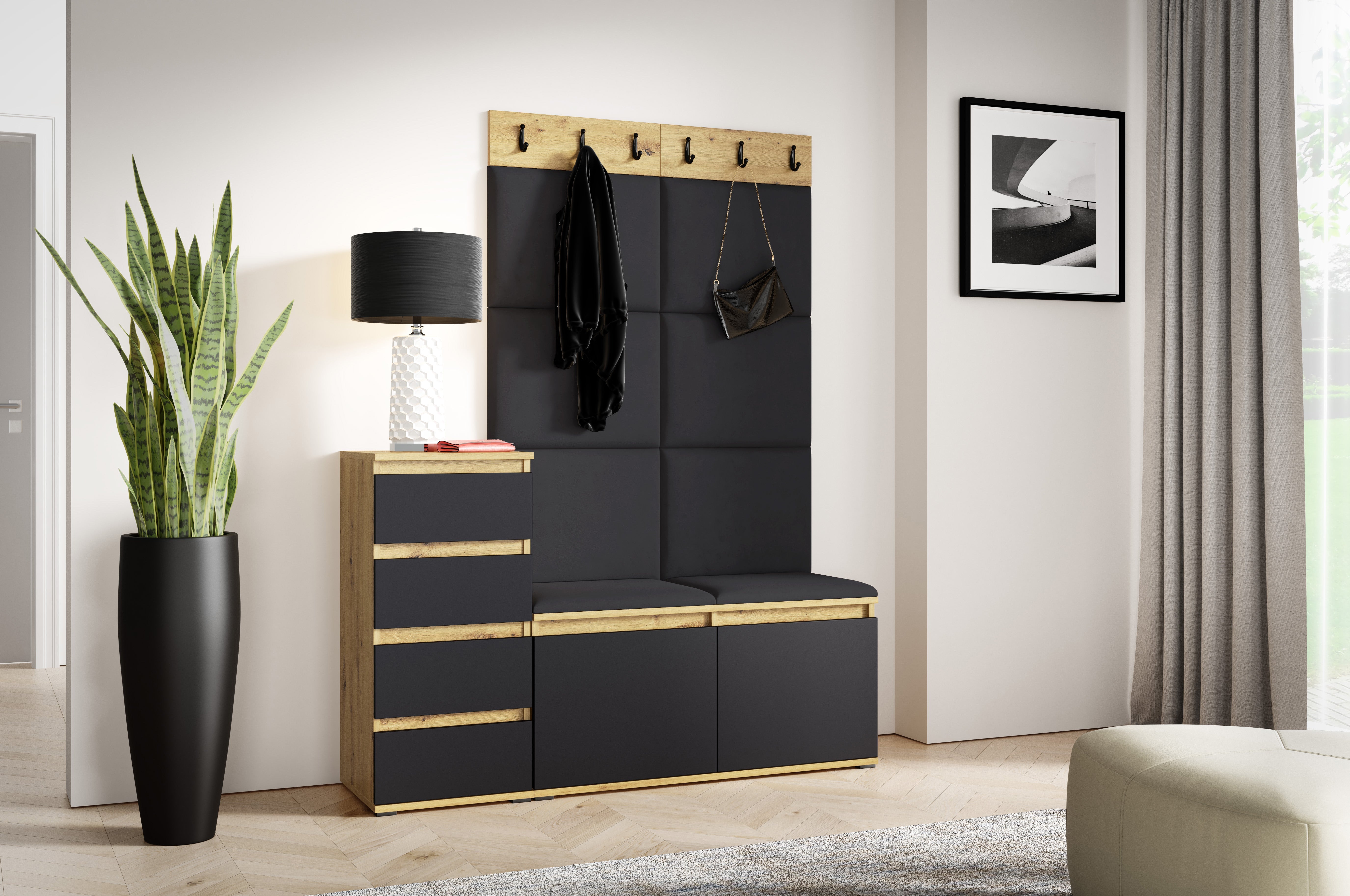 PK Emi 34 Hallway Wardrobe Aristan Oak\Black- Upholstered Panels in Various Colours