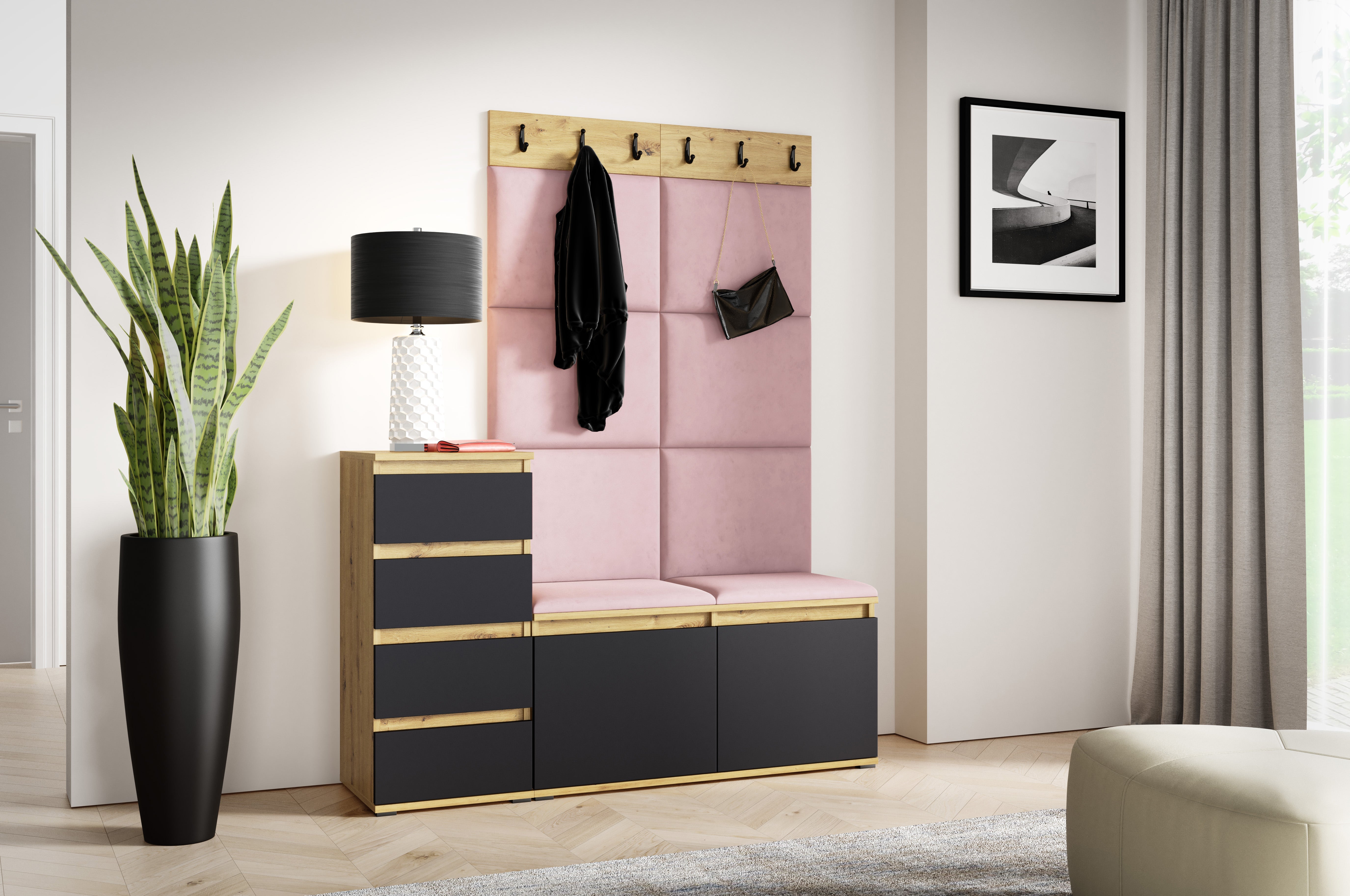 PK Emi 34 Hallway Wardrobe Aristan Oak\Black- Upholstered Panels in Various Colours