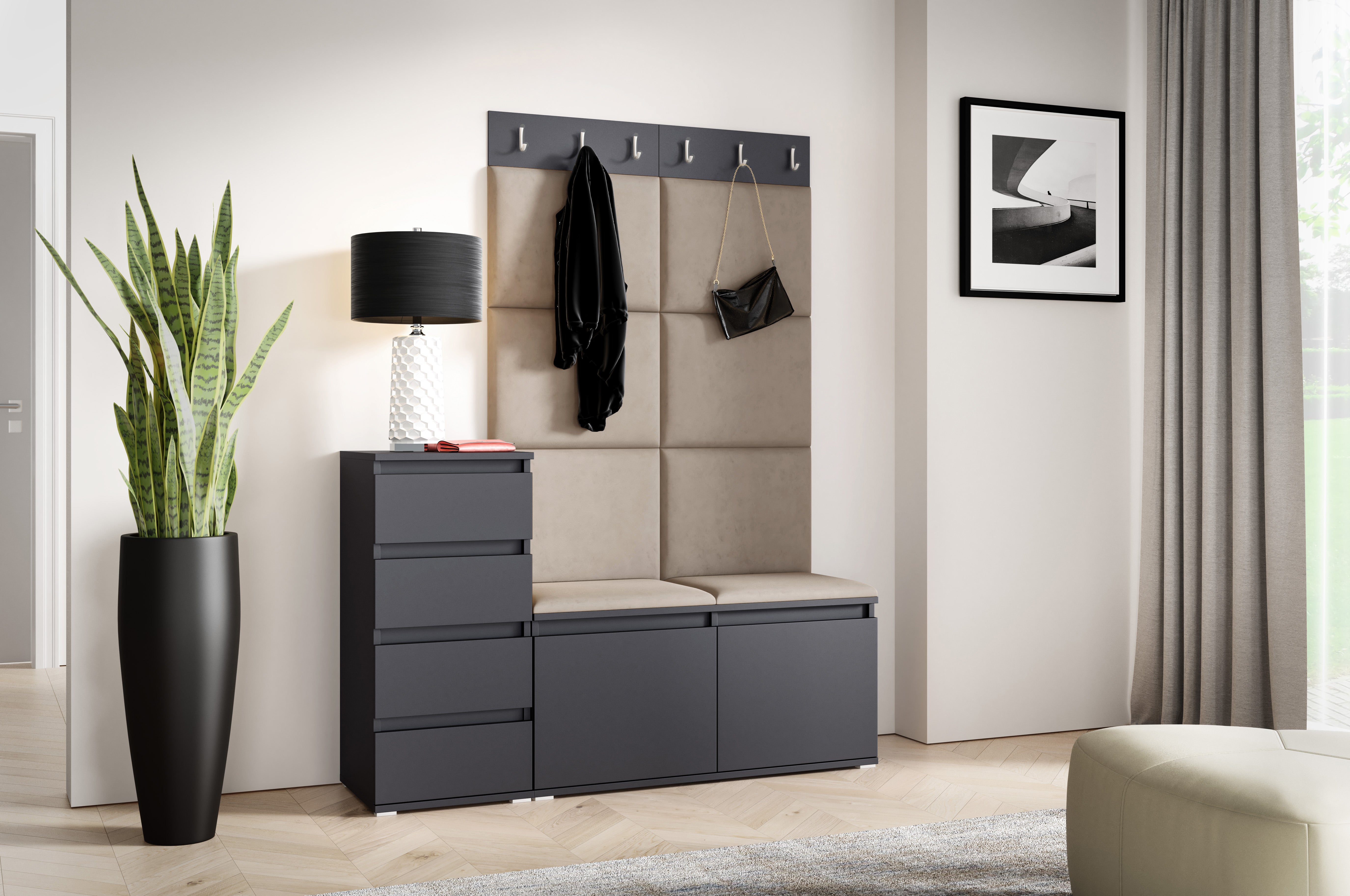 PK Emi 34 Hallway Wardrobe Graphite- Upholstered Panels in Various Colours