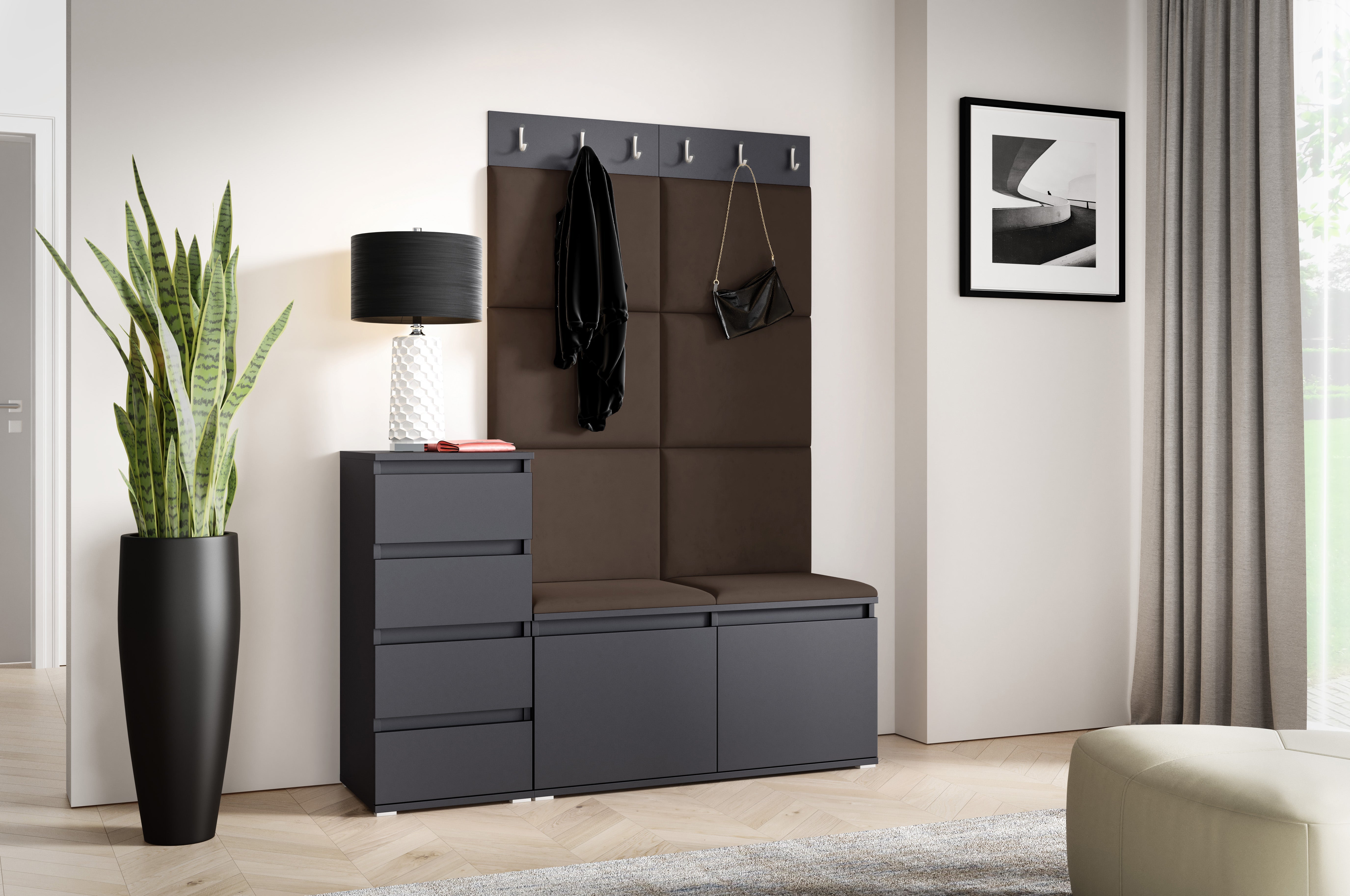 PK Emi 34 Hallway Wardrobe Graphite- Upholstered Panels in Various Colours
