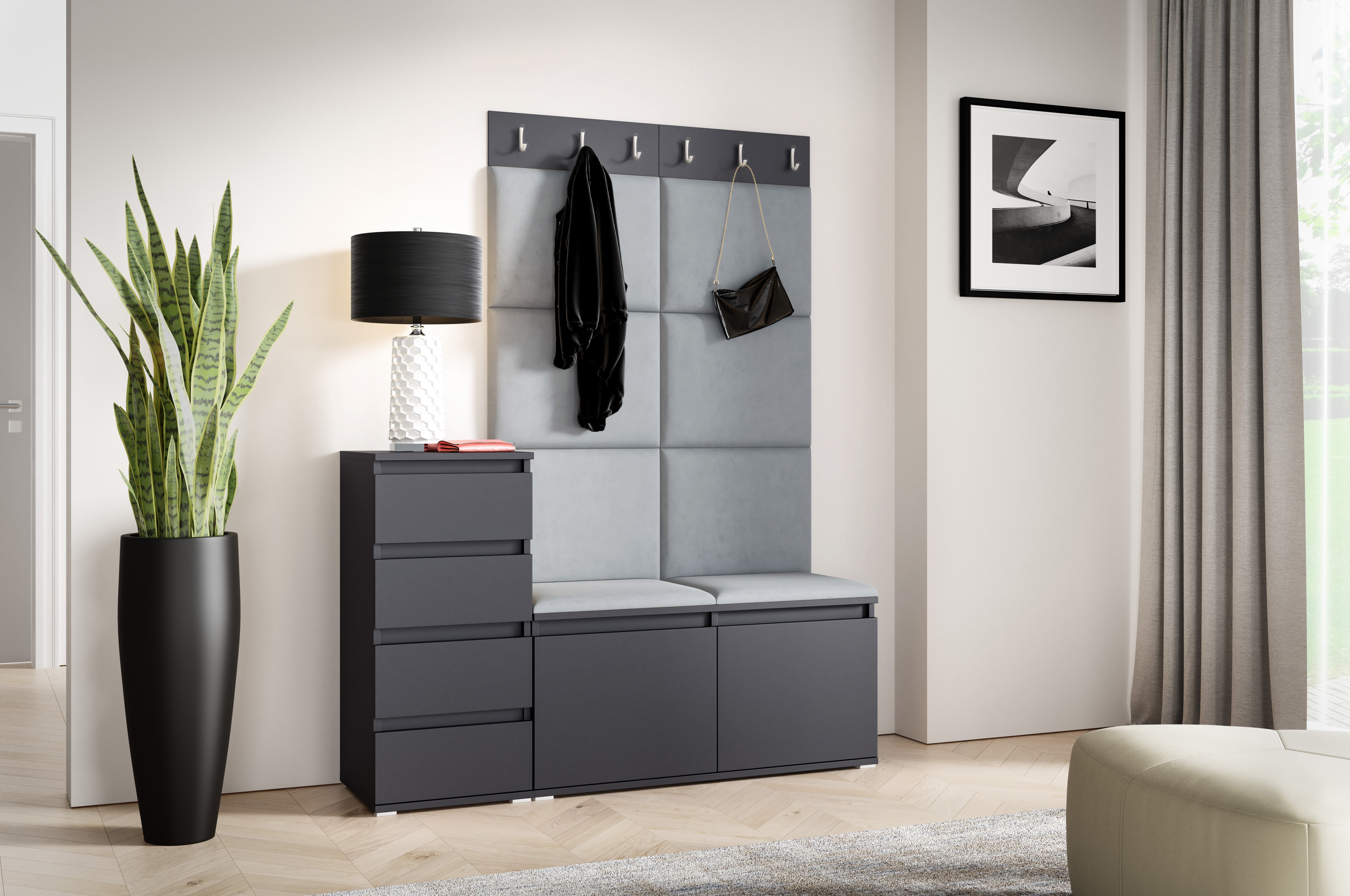 PK Emi 34 Hallway Wardrobe Graphite- Upholstered Panels in Various Colours