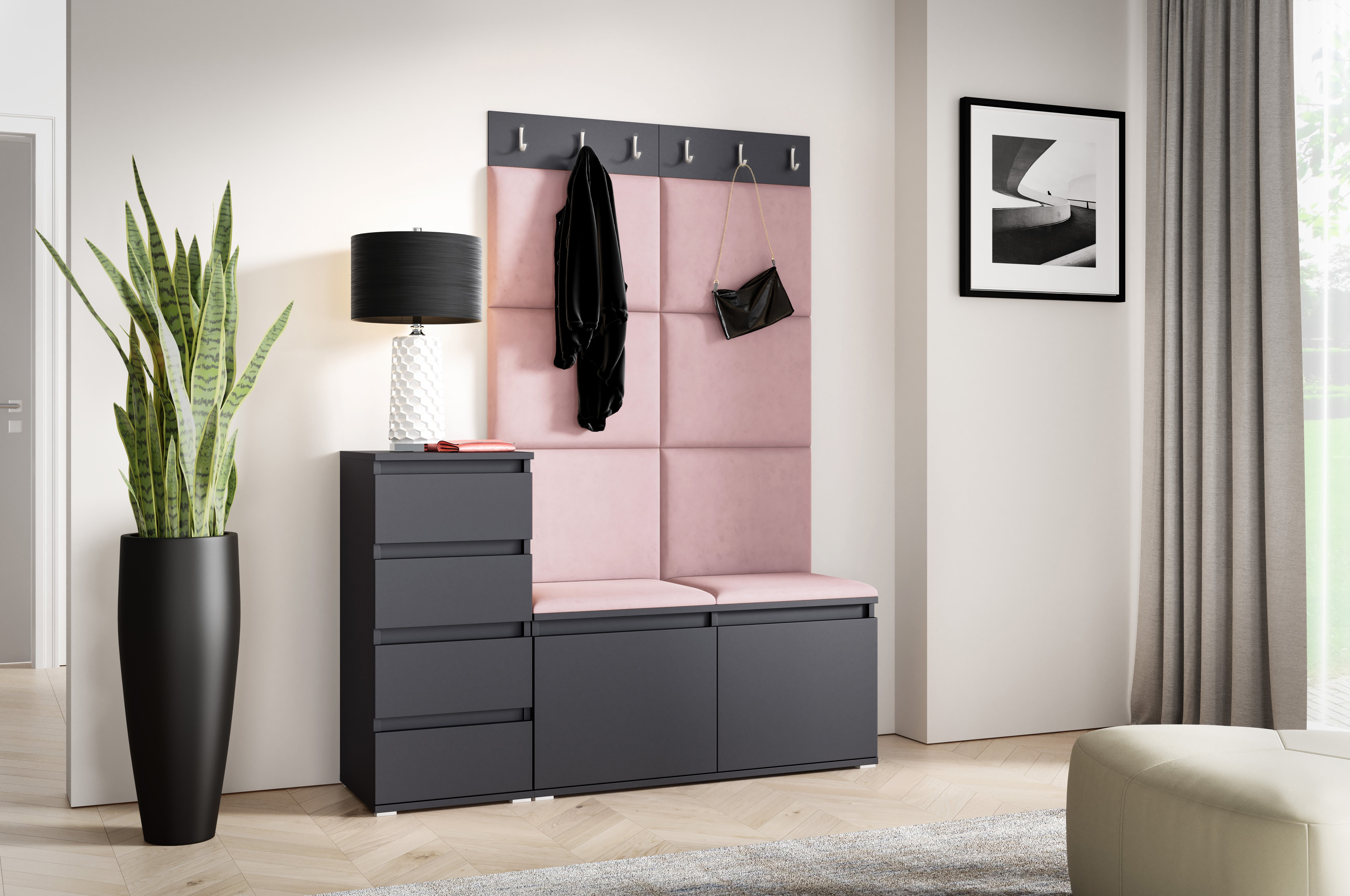 PK Emi 34 Hallway Wardrobe Graphite- Upholstered Panels in Various Colours