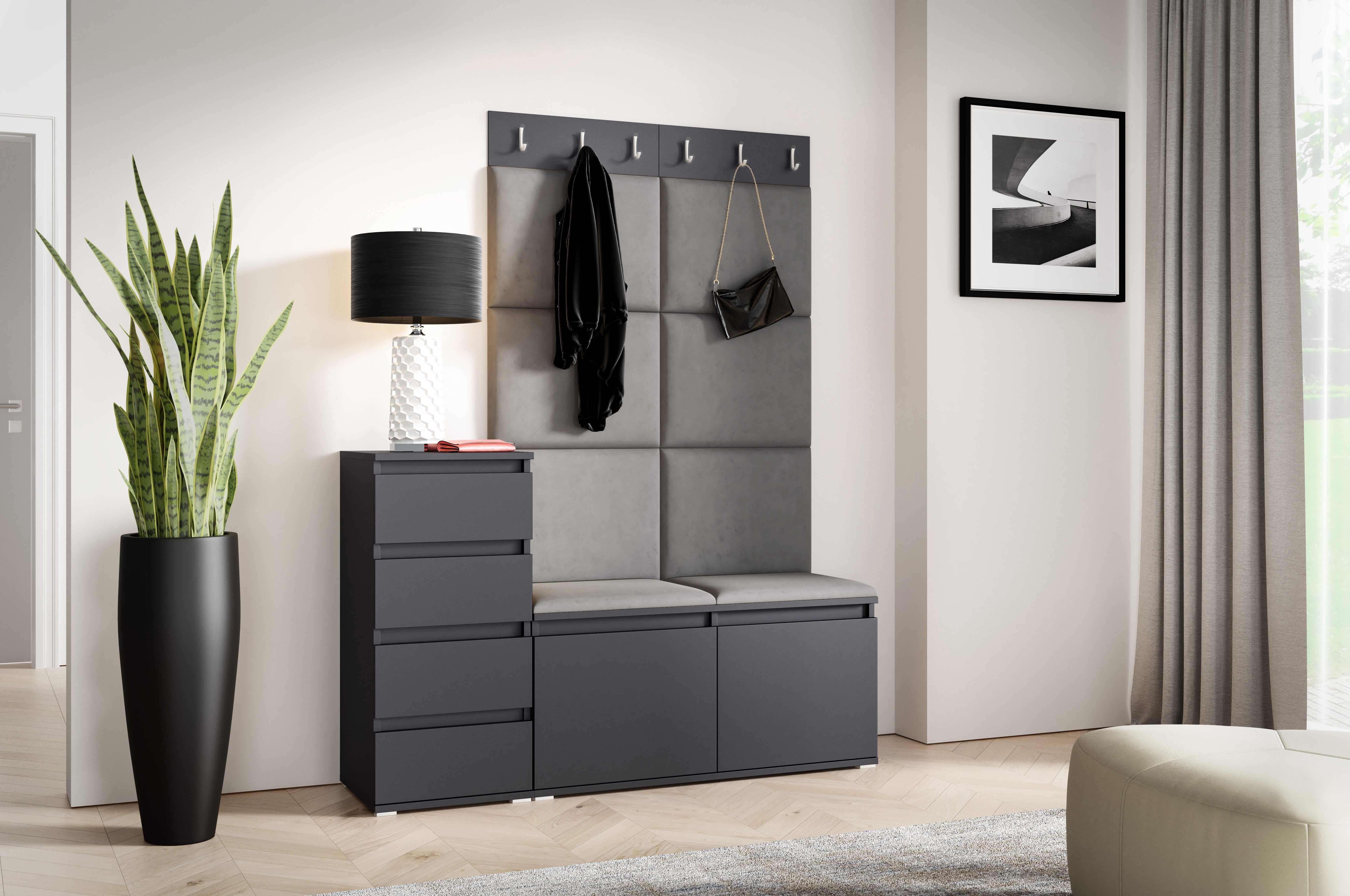 PK Emi 34 Hallway Wardrobe Graphite- Upholstered Panels in Various Colours