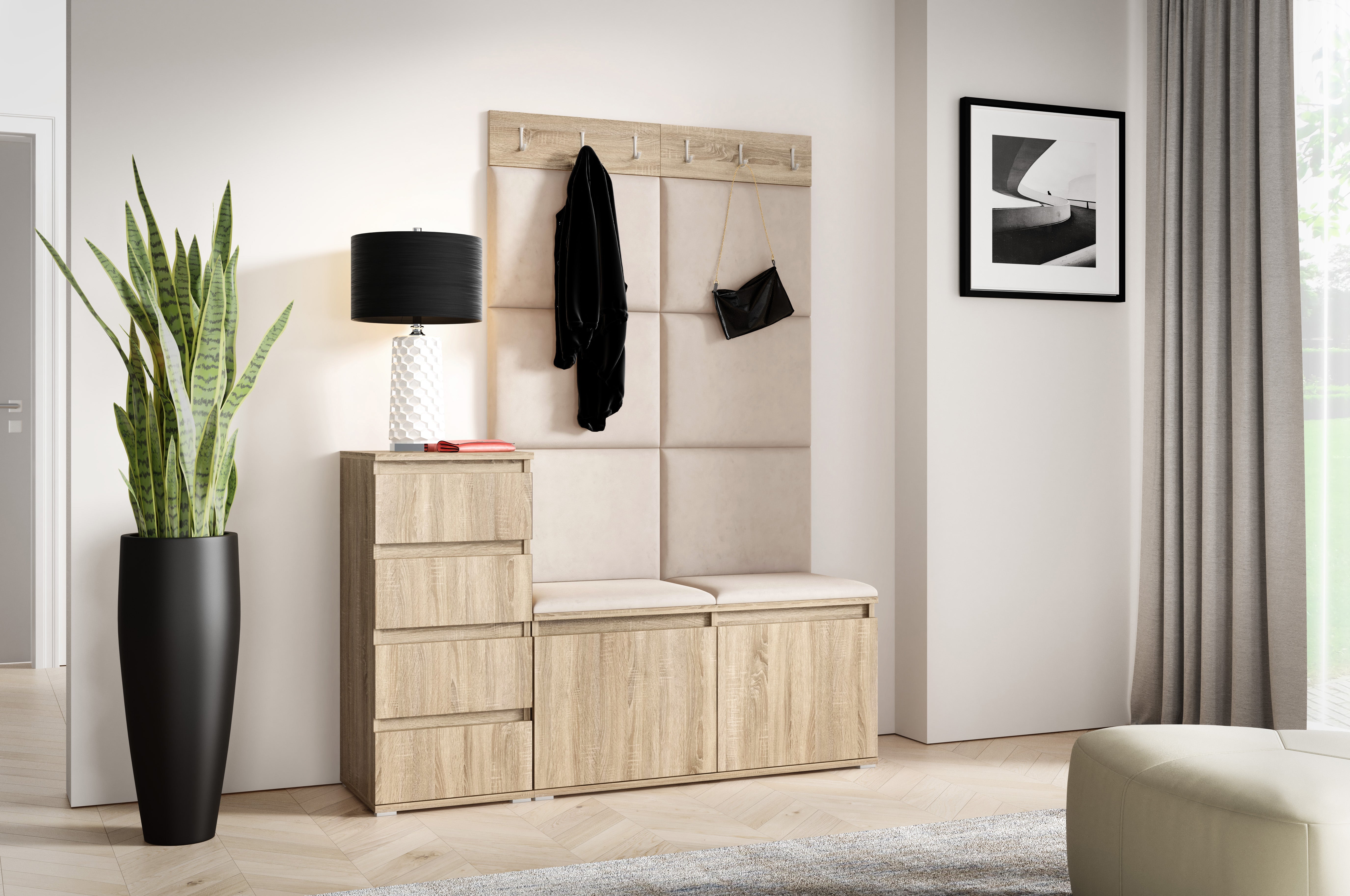 PK Emi 34 Hallway Wardrobe Sonoma Oak- Upholstered Panels in Various Colours